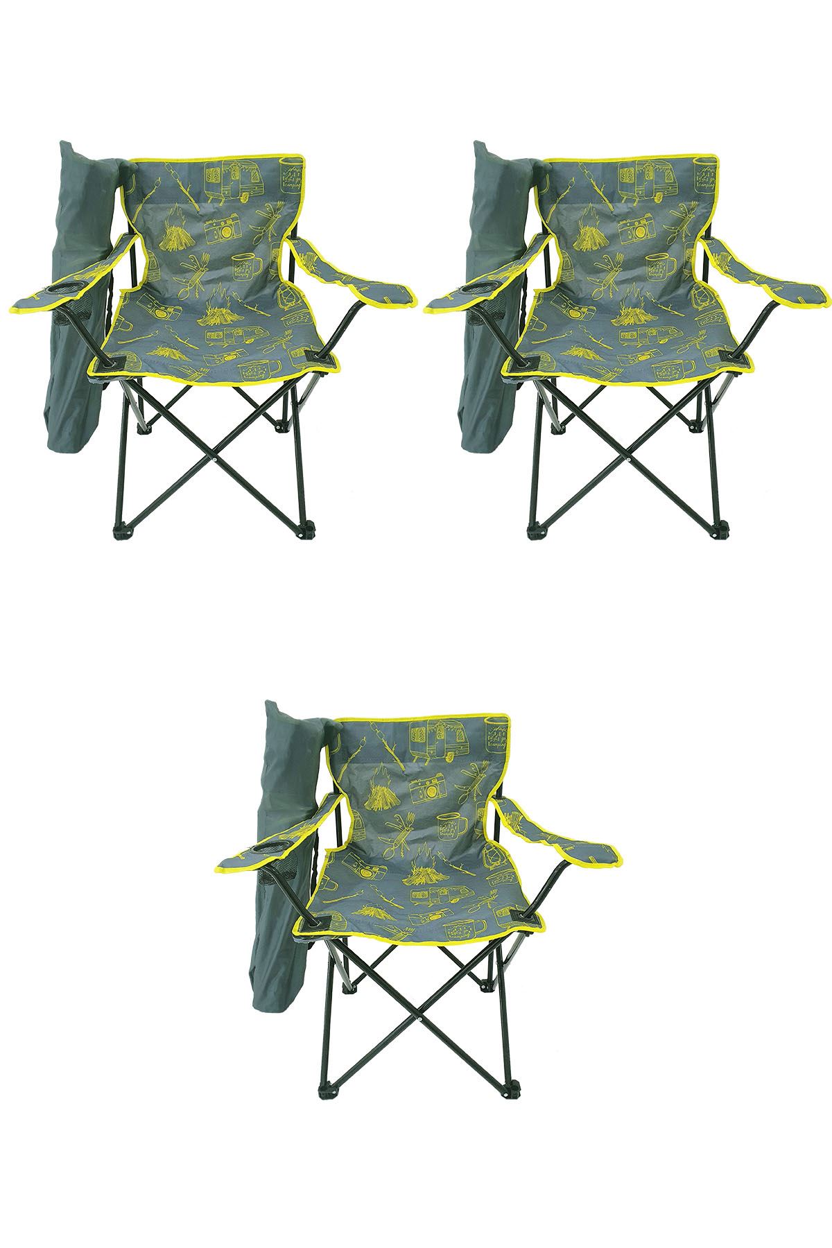 Bofigo 3 Pcs Camping Chair Folding Chair Garden Chair Picnic Beach Chair Patterned Gray