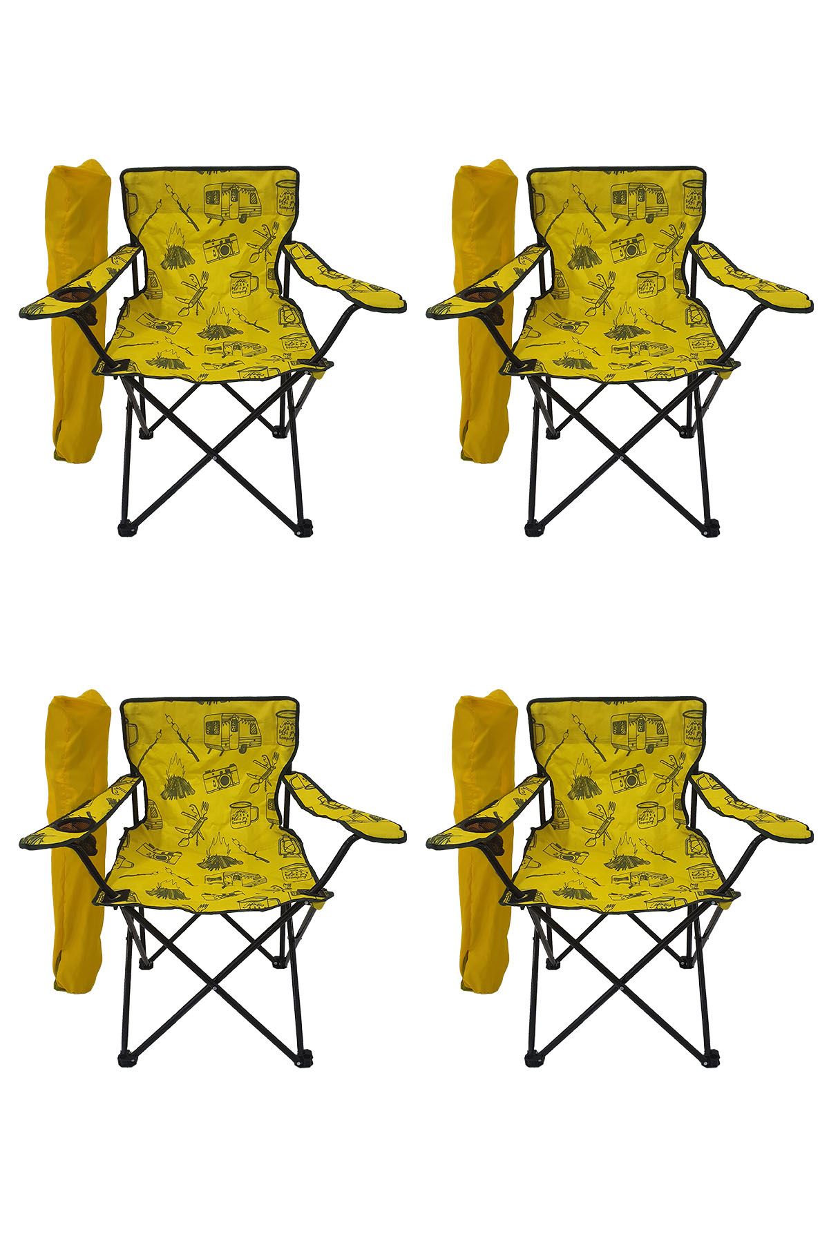Bofigo 4 Adet Kamp Sandalyesi Katlanır Sandalye Bahçe Koltuğu Piknik Plaj Sandalyesi Desenli Sarı
