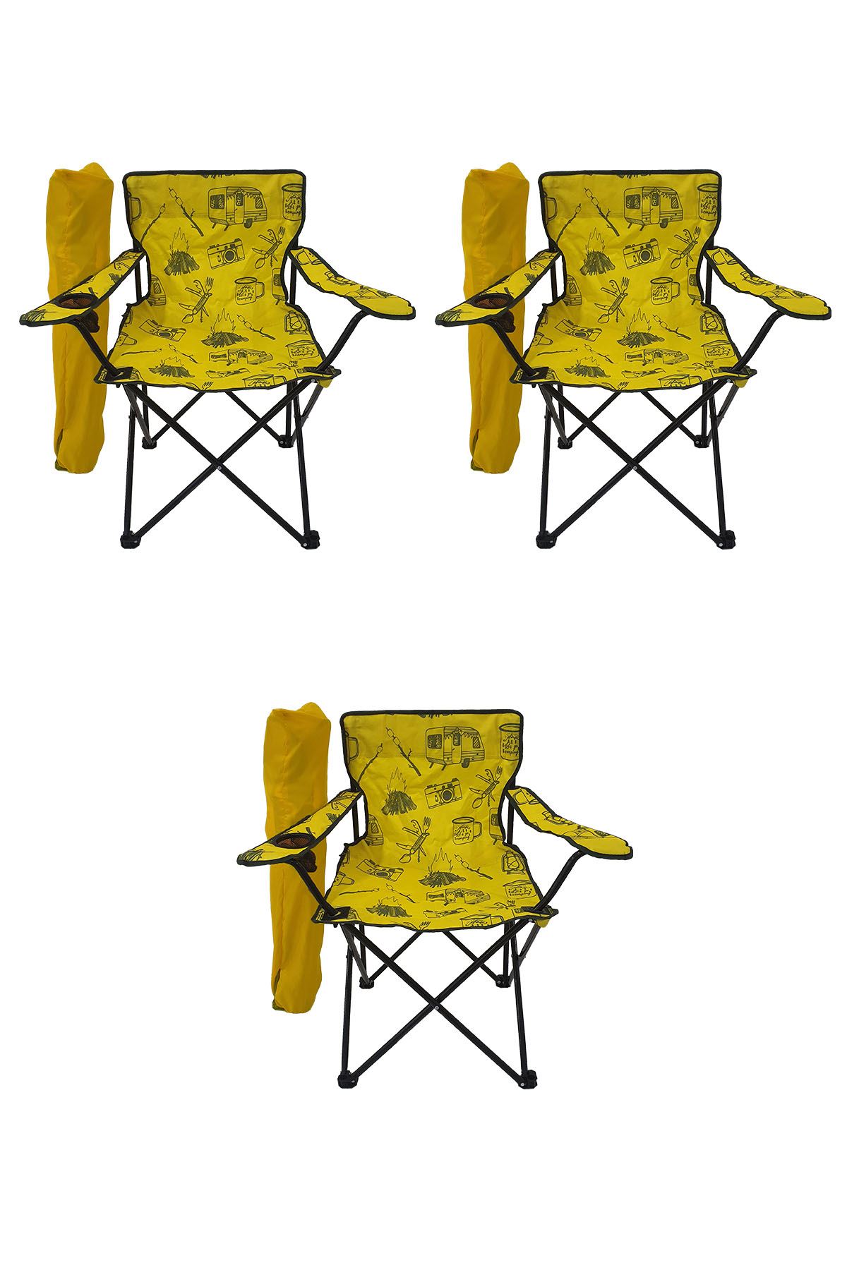 Bofigo 3 Pcs Camping Chair Folding Chair Garden Chair Picnic Beach Chair Patterned Yellow
