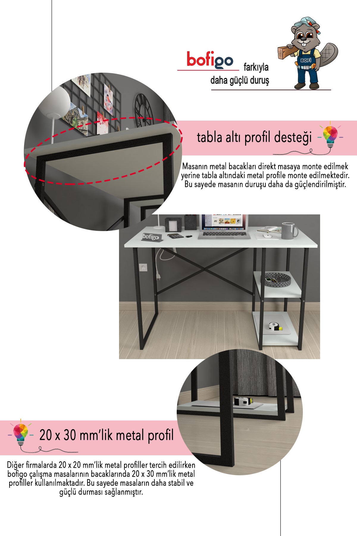 Bofigo 60x120 cm 2 Raflı Çalışma Masası Bilgisayar Masası Ofis Ders Yemek Masası Kafka Beyaz