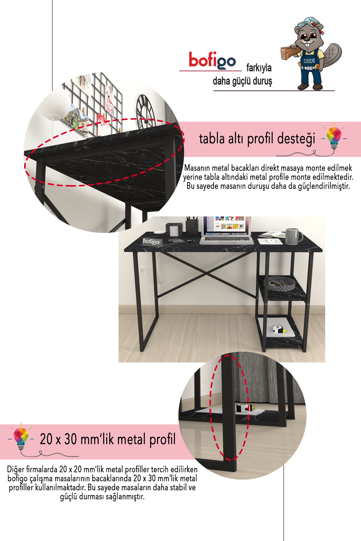20-02-03 60x120 Cm 2 Shelves Metal Study Desk BENDIR