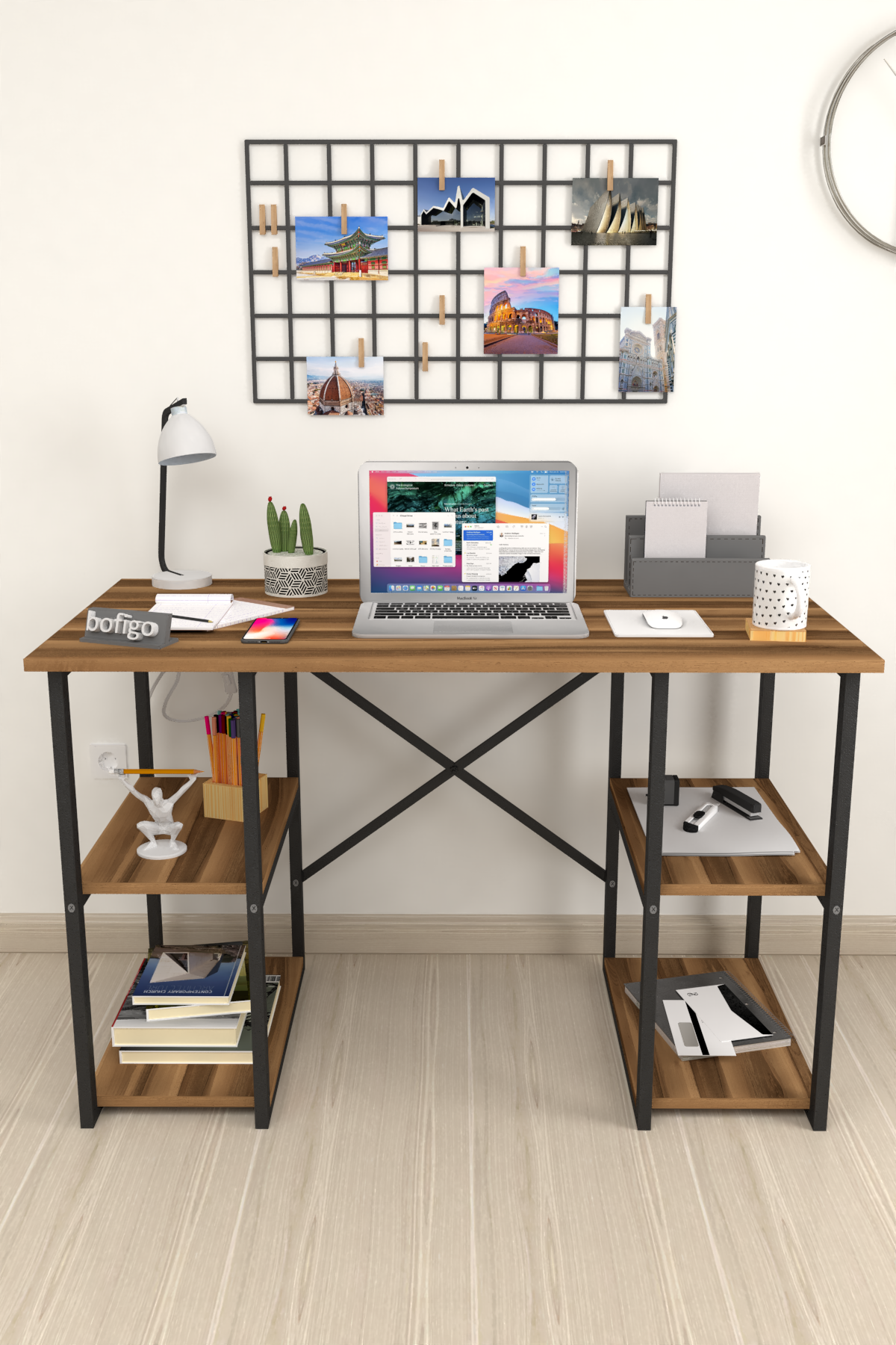 Bofigo 4 Shelf Study Desk 60x120 cm Walnut