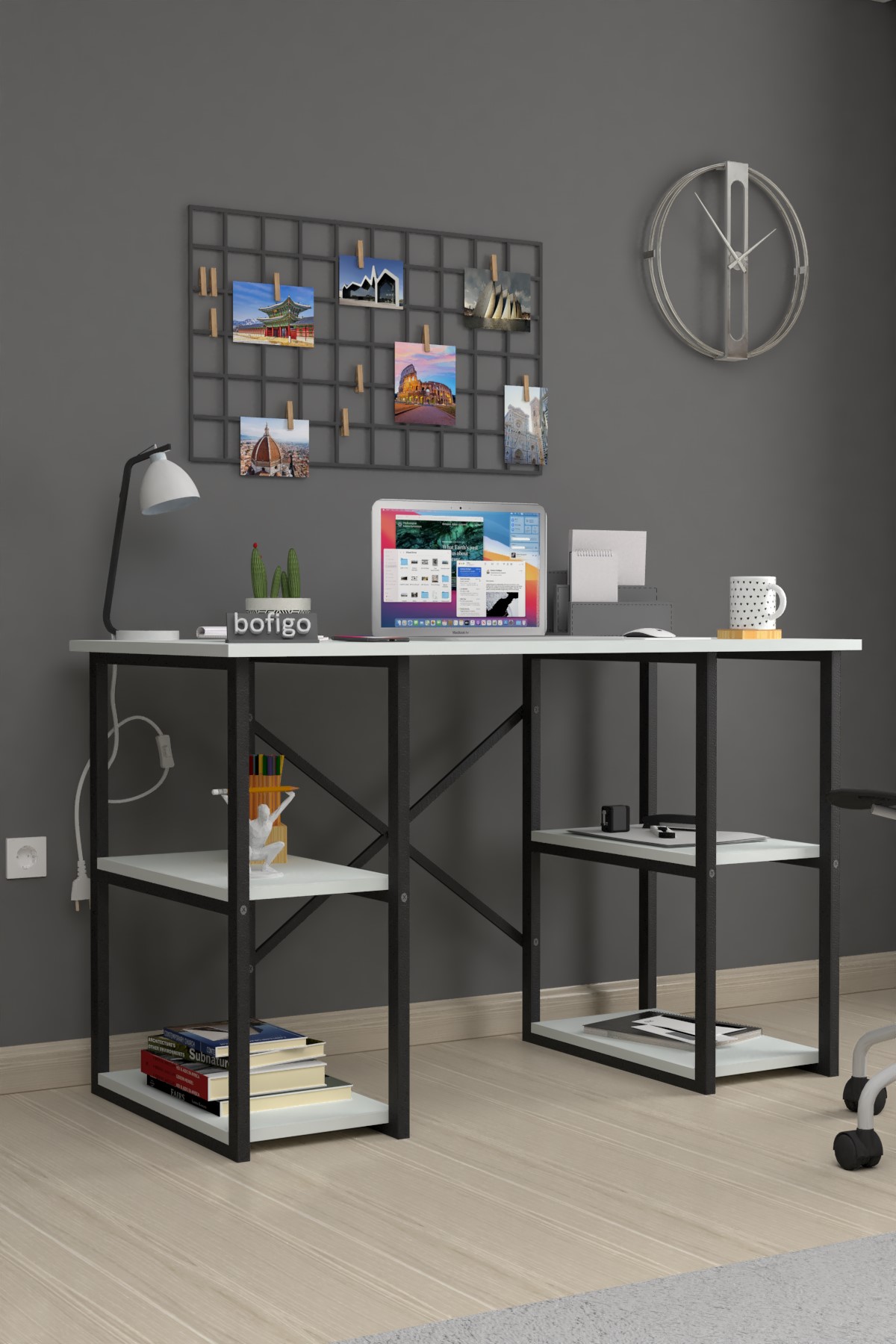 Bofigo 60X120 cm 4 Raflı Çalışma Masası Bilgisayar Masası Ofis Ders Yemek Masası Çehov Beyaz