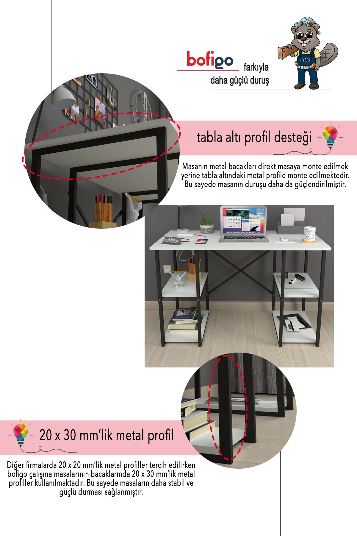 Bofigo 60X120 cm 4 Raflı Çalışma Masası Bilgisayar Masası Ofis Ders Yemek Masası Çehov Beyaz