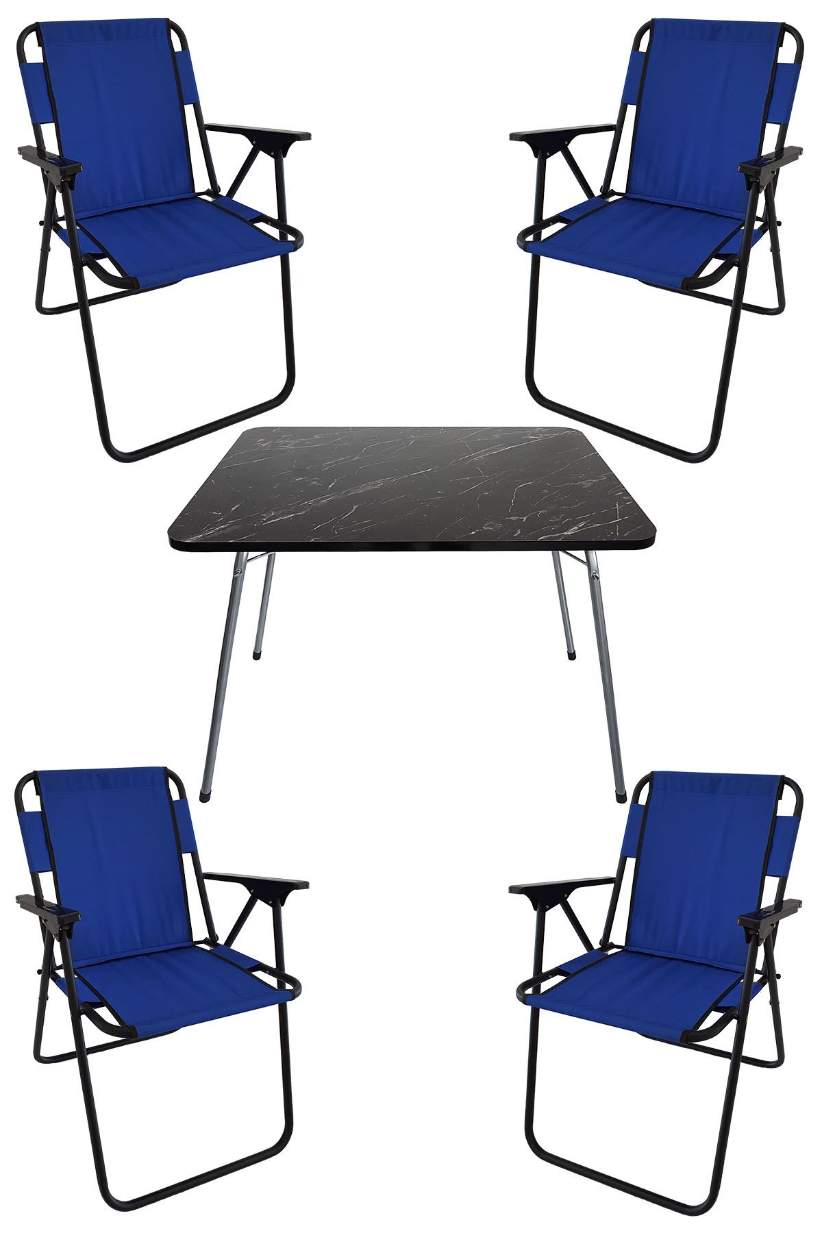 Bofigo 60X80 Granit Desenli Katlanır Masa + 4 Adet Katlanır Sandalye Kamp Seti Bahçe Takımı Mavi