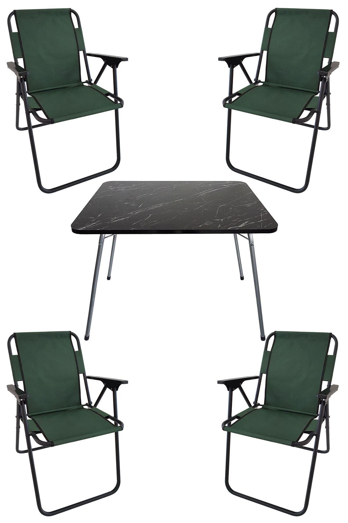 Bofigo 60X80 Granit Desenli Katlanır Masa + 4 Adet Katlanır Sandalye Kamp Seti Bahçe Takımı Yeşil