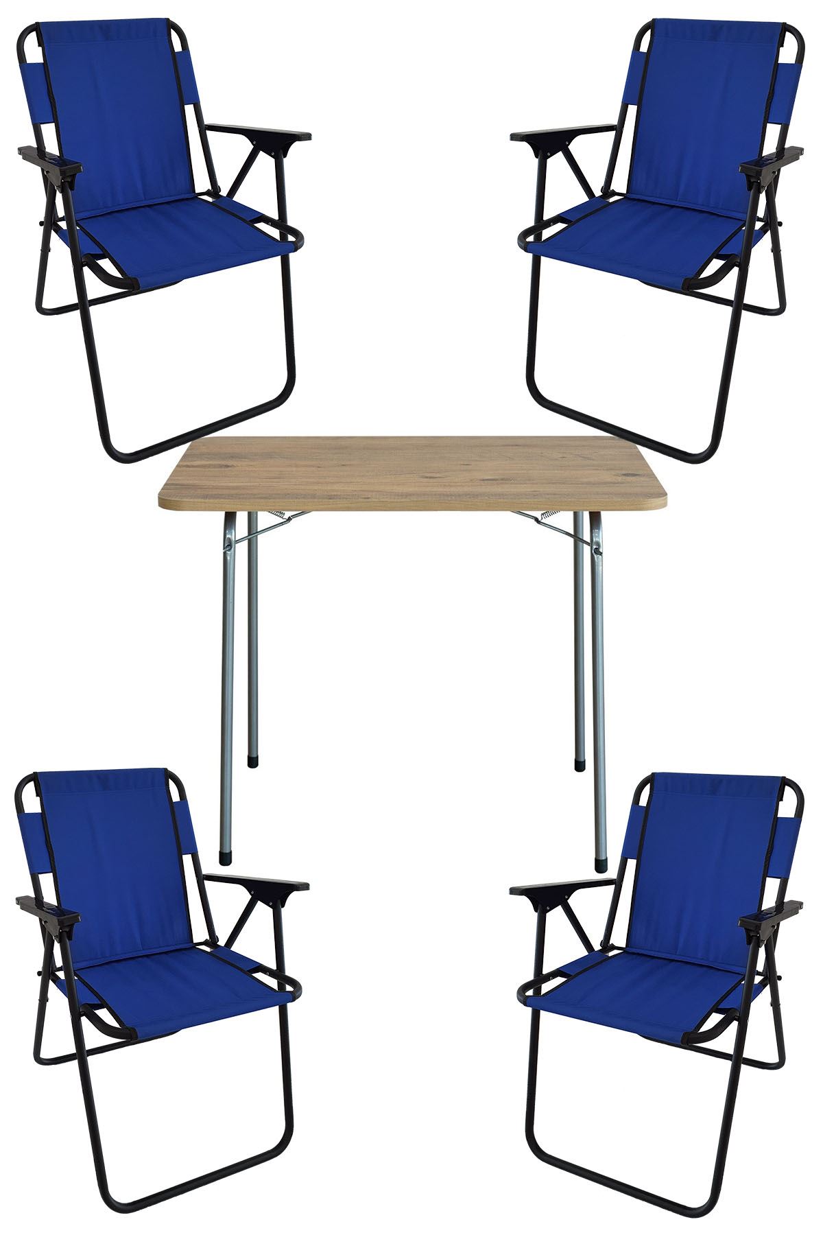 Bofigo 60X80 Çam Desenli Katlanır Masa + 4 Adet Katlanır Sandalye Kamp Seti Bahçe Takımı Mavi