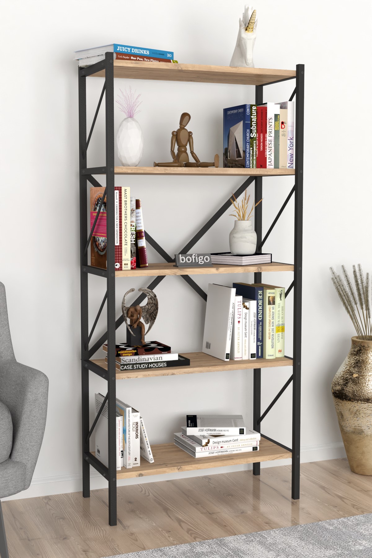 Bofigo Dekoratif 5 Raflı Kitaplık Metal Kitaplık Agora Çam