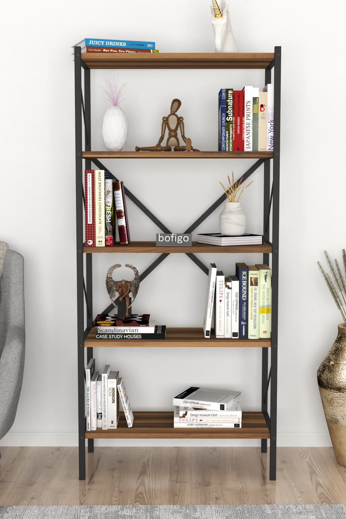 Bofigo Decorative 5 Shelf Bookcase Metal Bookcase Walnut