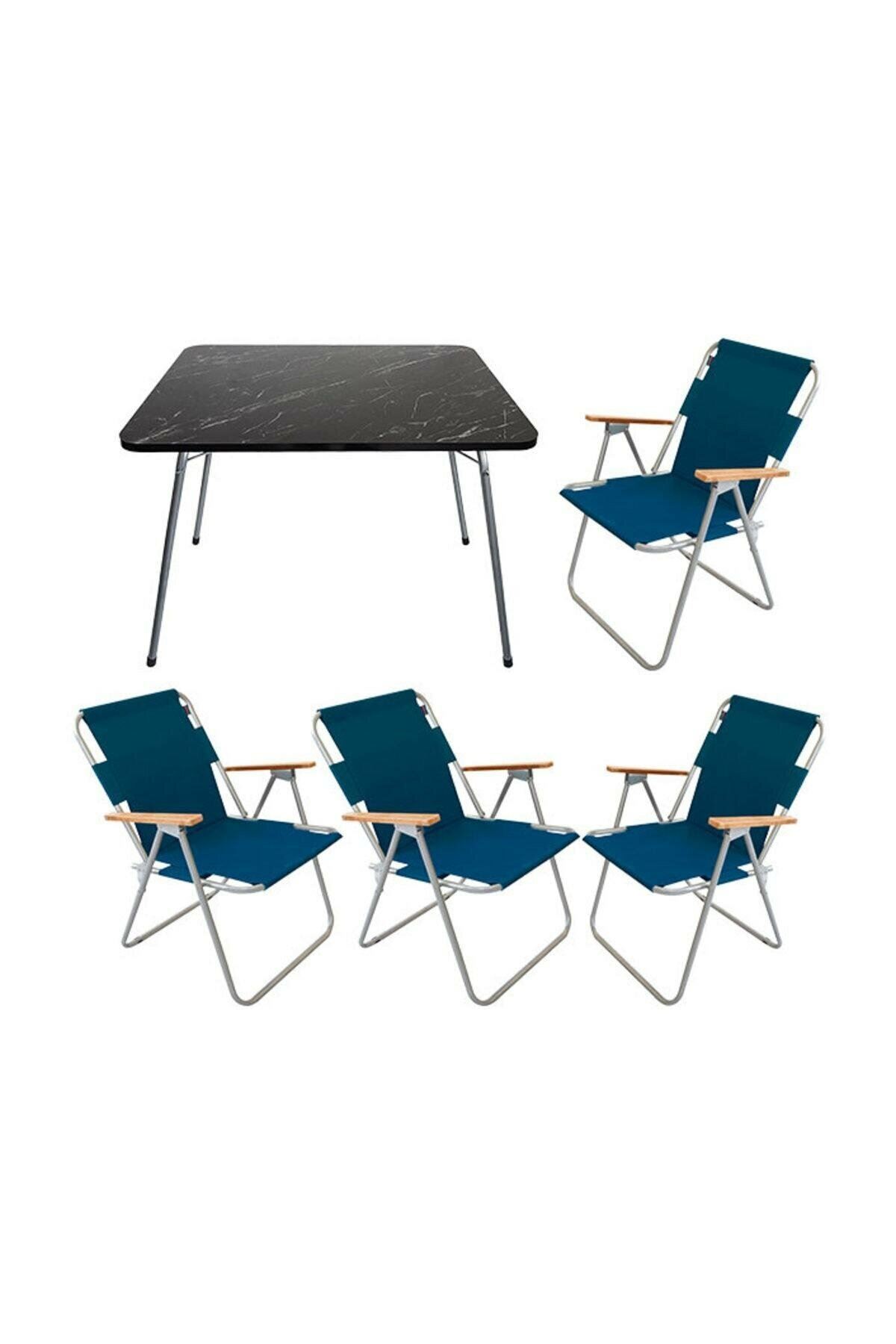 Bofigo 60x80 Granit Katlanır Masa + 4 Adet Katlanır Sandalye Kamp Seti Bahçe Balkon Takımı Mavi