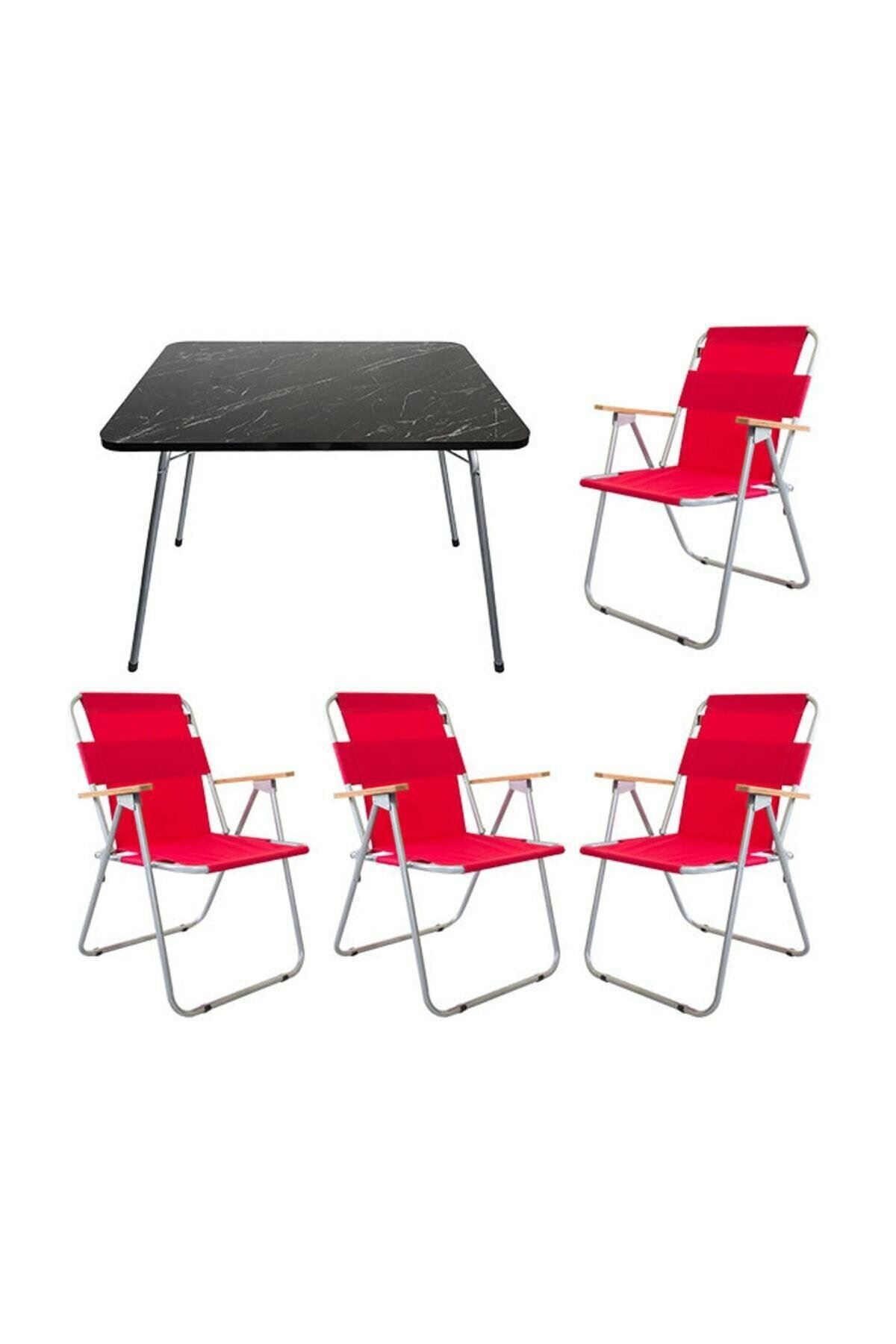 Bofigo 60x80 Granite Folding Table + 4 Pieces Folding Chair Camping Set Garden Balcony Set Red