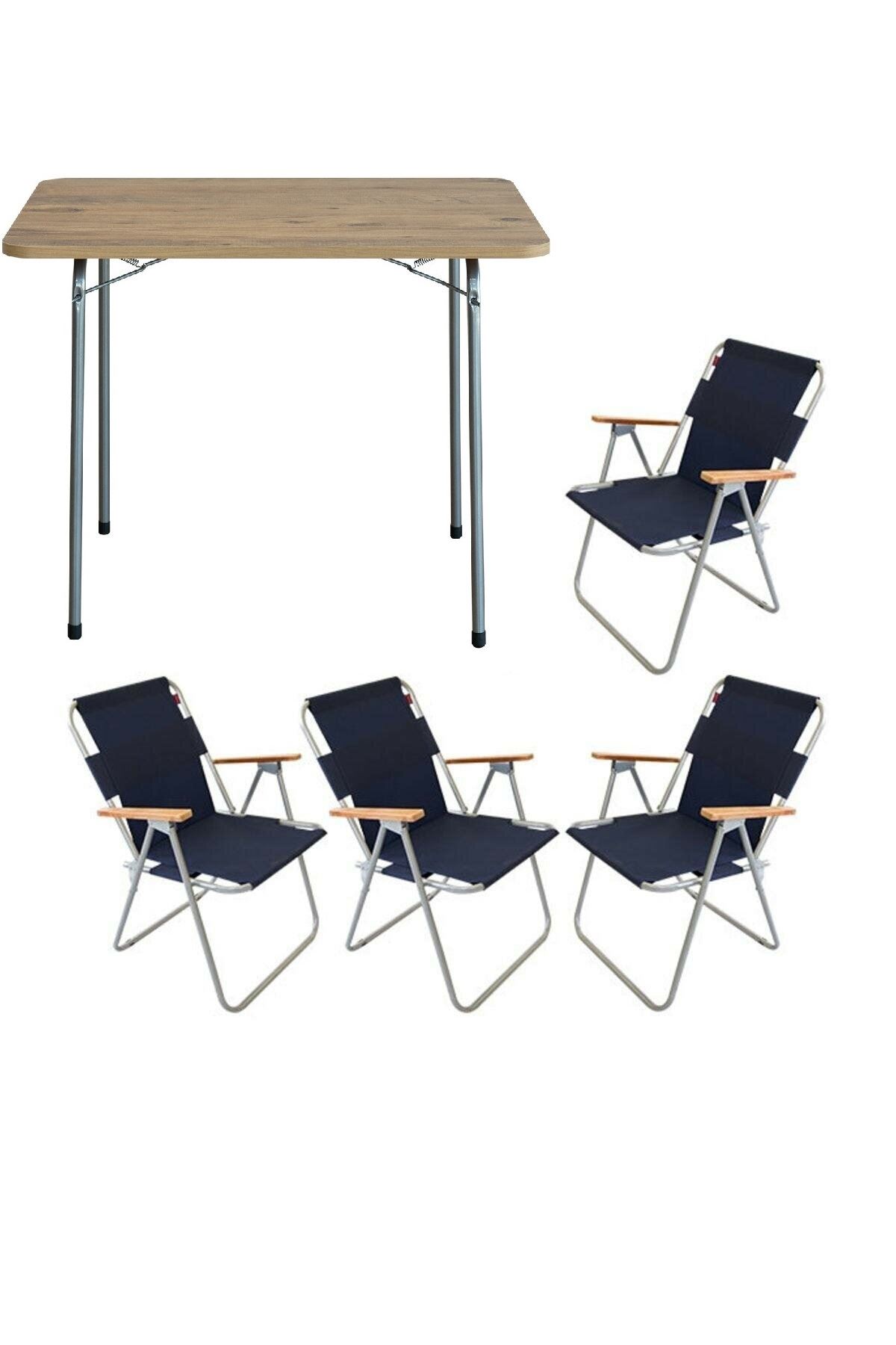 Bofigo 60x80 Pine Folding Table + 4 Pieces Folding Chair Camping Set Garden Balcony Set Navy Blue