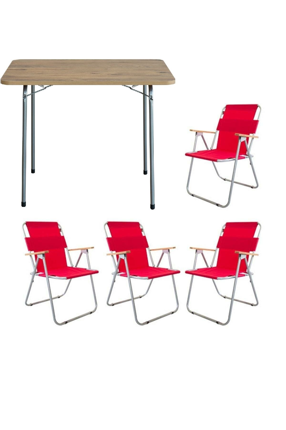 Bofigo 60x80 Pine Folding Table + 4 Pieces Folding Chair Camping Set Garden Balcony Set Red