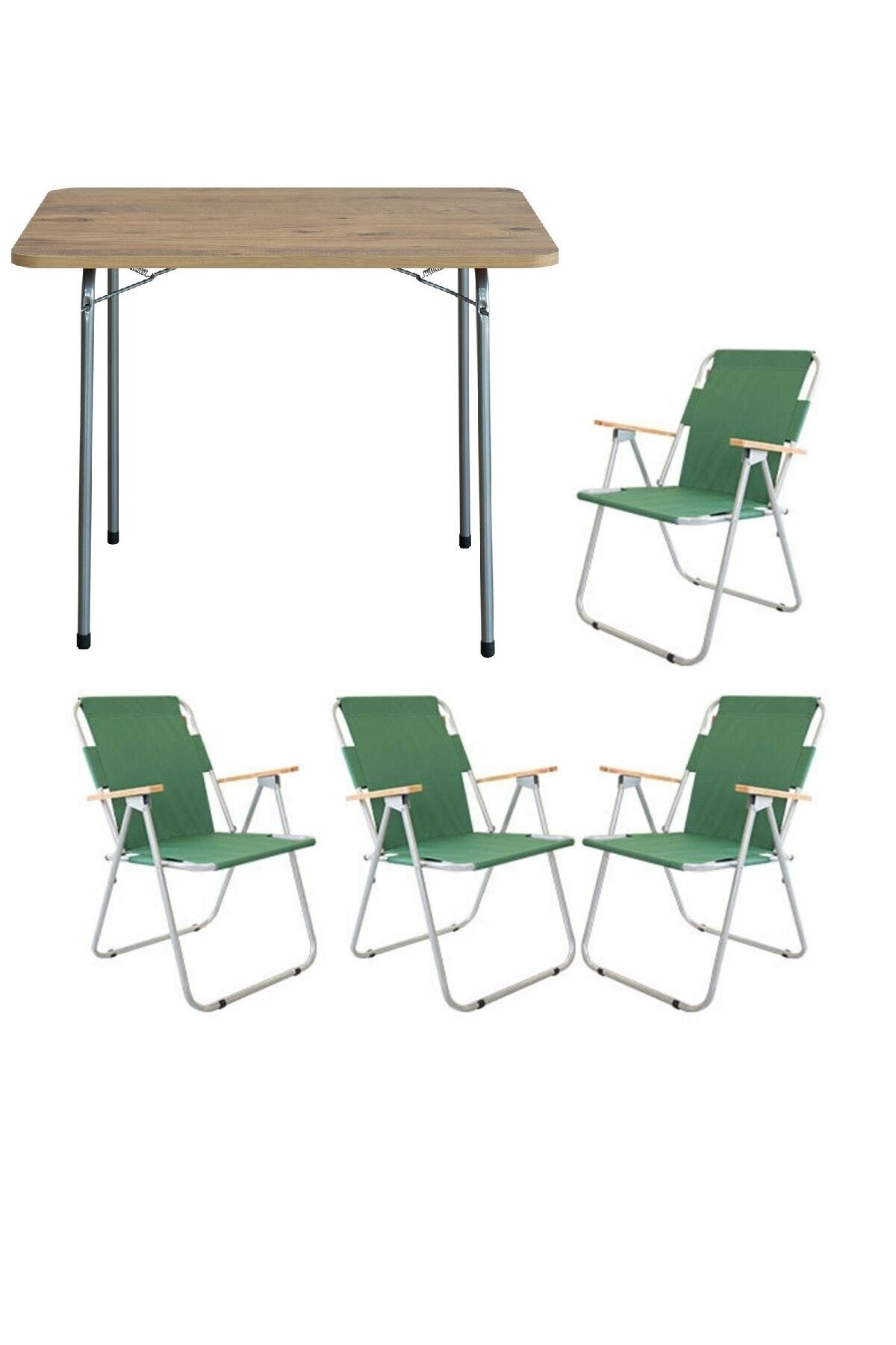 Bofigo 60x80 Çam Katlanır Masa + 4 Adet Katlanır Sandalye Kamp Seti Bahçe Balkon Takımı Yeşil