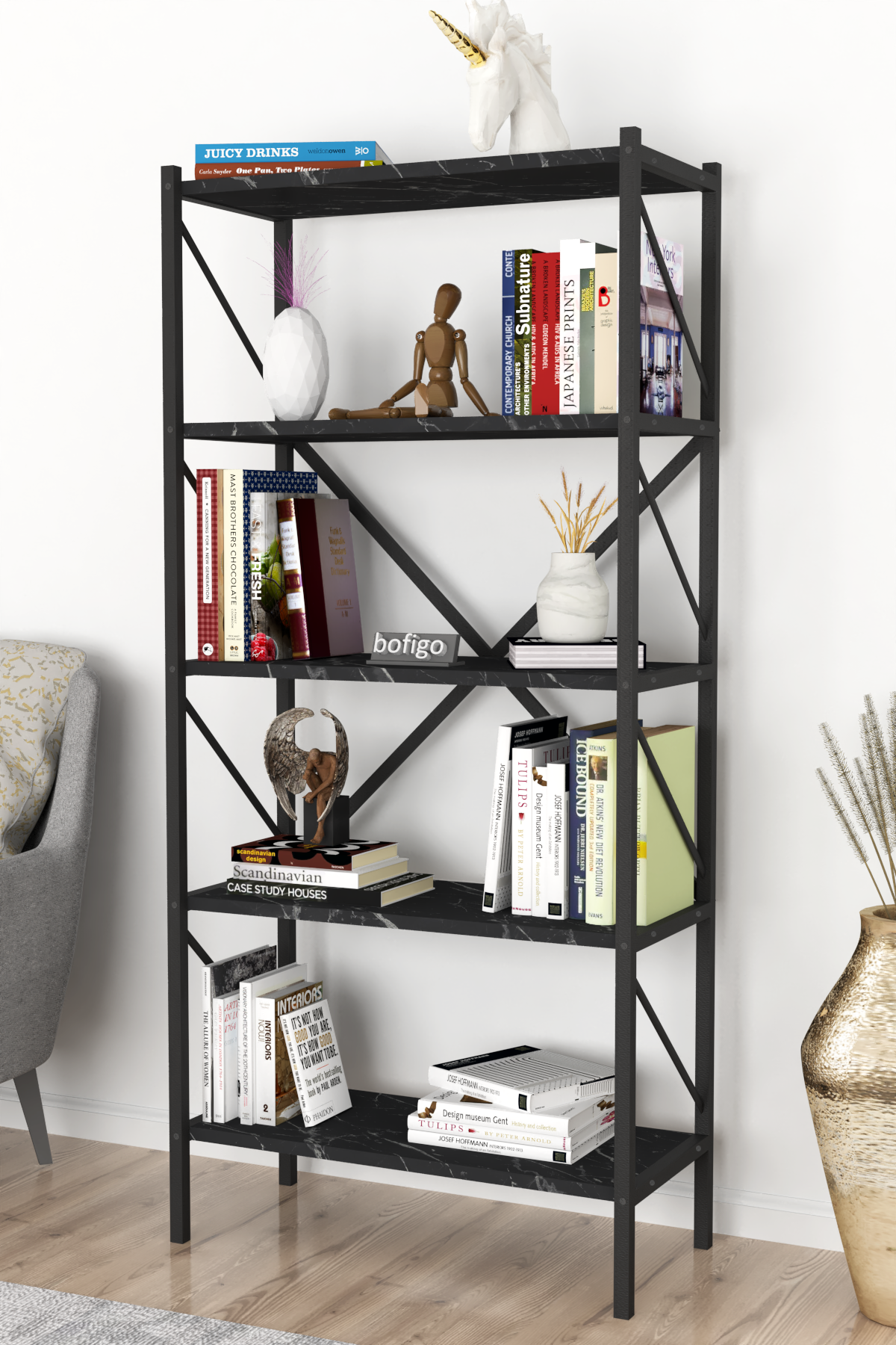 Bofigo Decorative 5 Shelf Bookcase Metal Bookcase Bendir