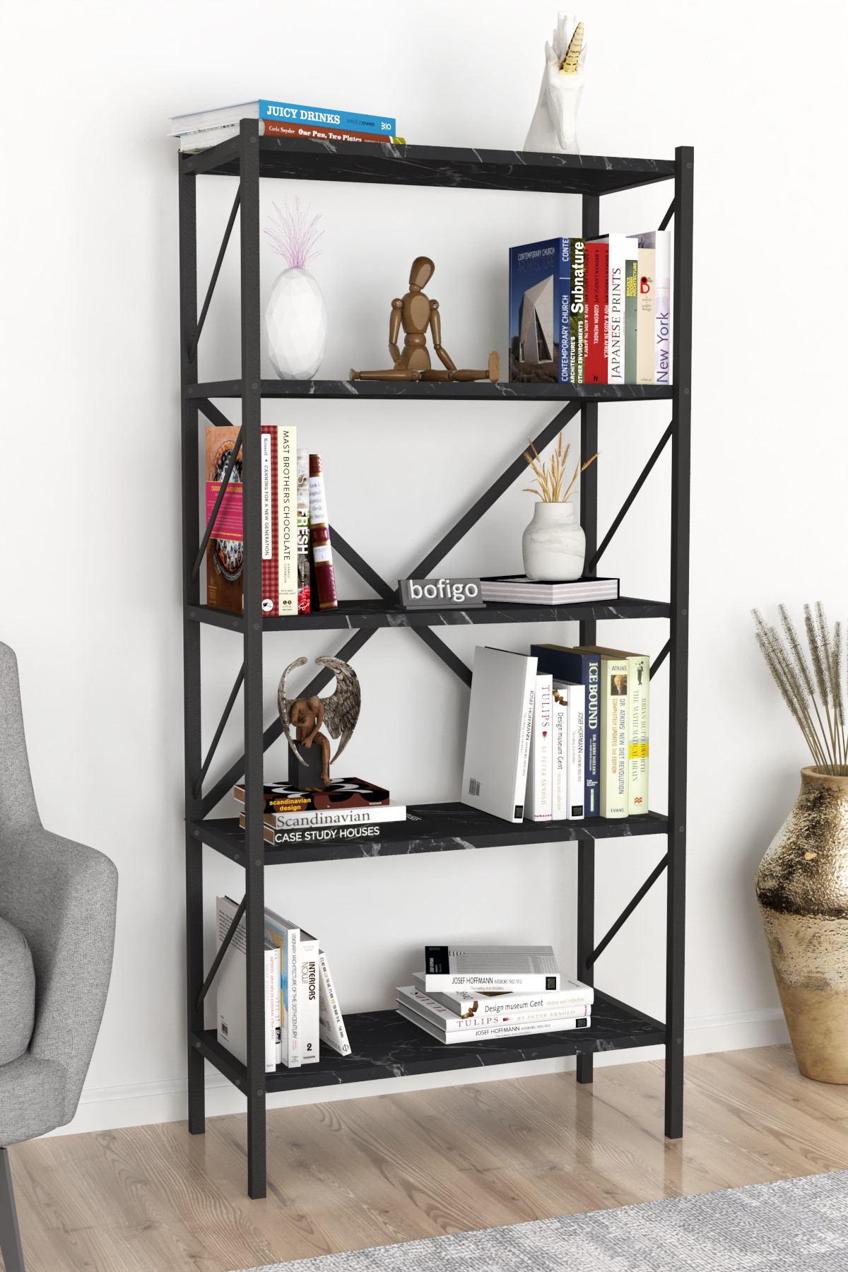 Bofigo Dekoratif 5 Raflı Kitaplık Metal Kitaplık Agora Bendir