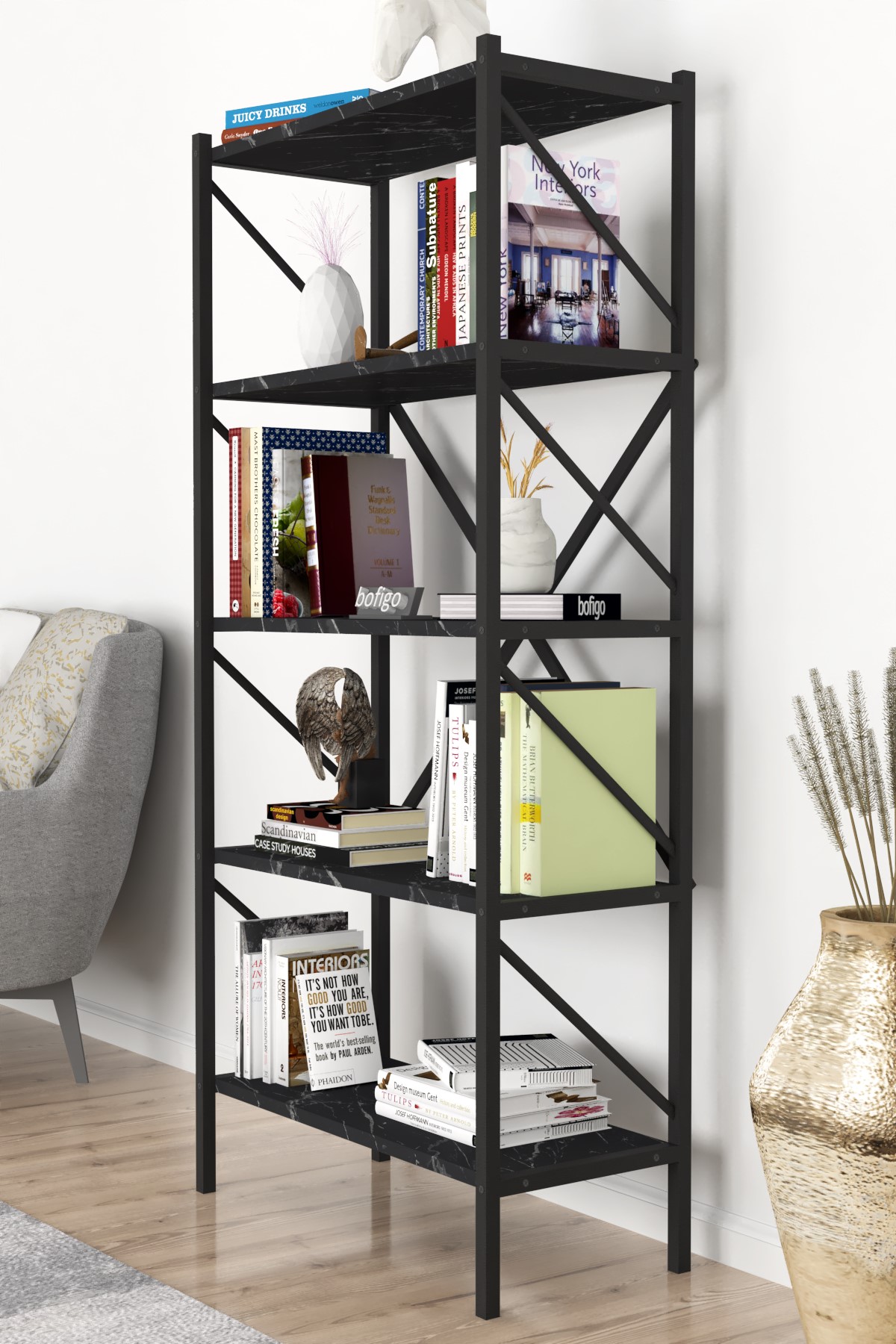 Bofigo Dekoratif 5 Raflı Kitaplık Metal Kitaplık Agora Bendir