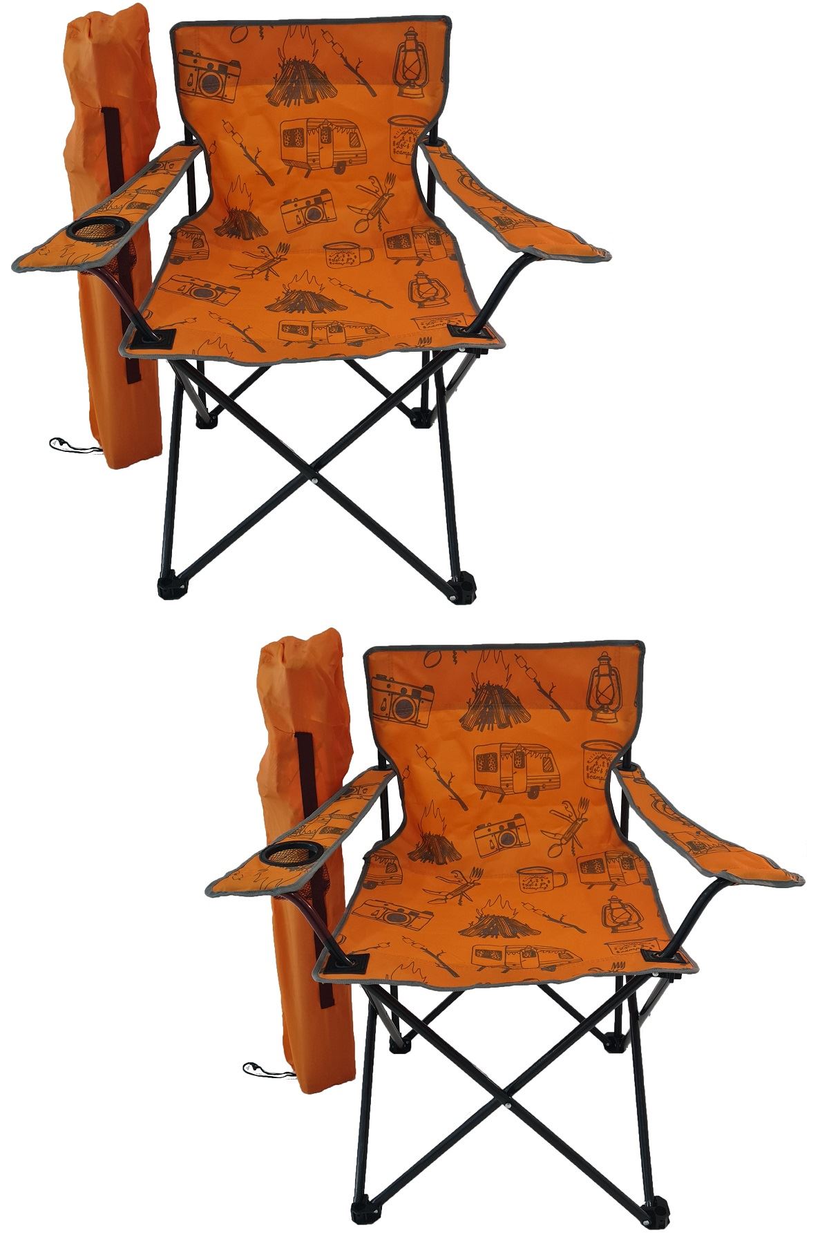 Bofigo 2 Adet Kamp Sandalyesi Katlanır Sandalye Bahçe Koltuğu Piknik Plaj Sandalyesi Desenli Turuncu