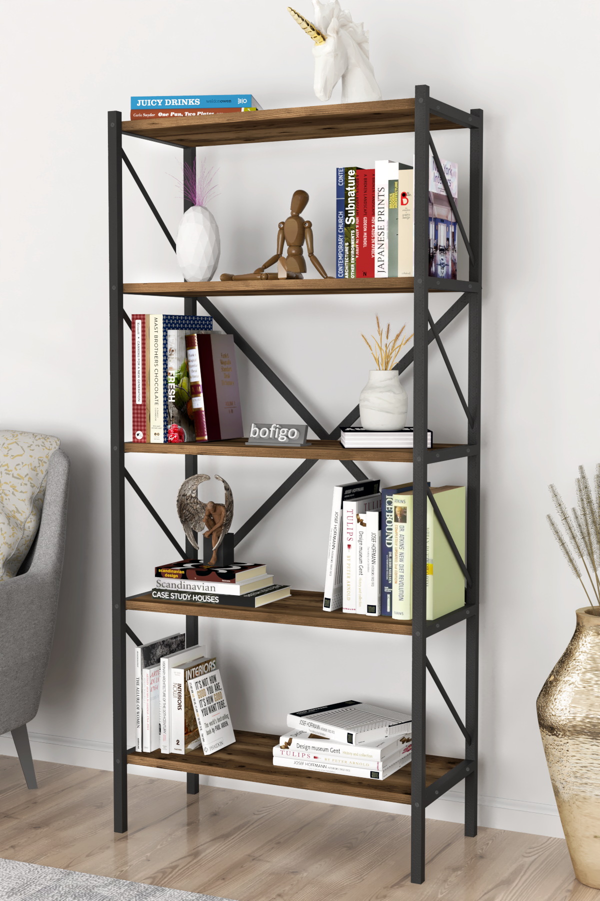 Bofigo Decorative 5 Shelf Bookcase Metal Bookcase Lidya