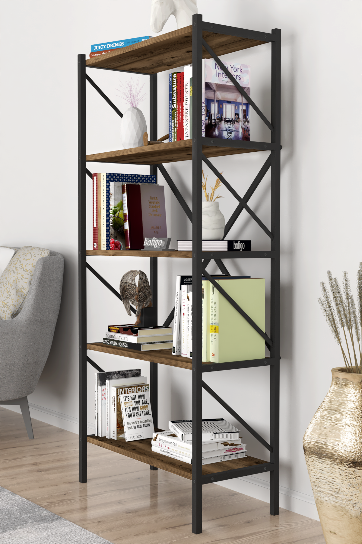 Bofigo Decorative 5 Shelf Bookcase Metal Bookcase Lidya