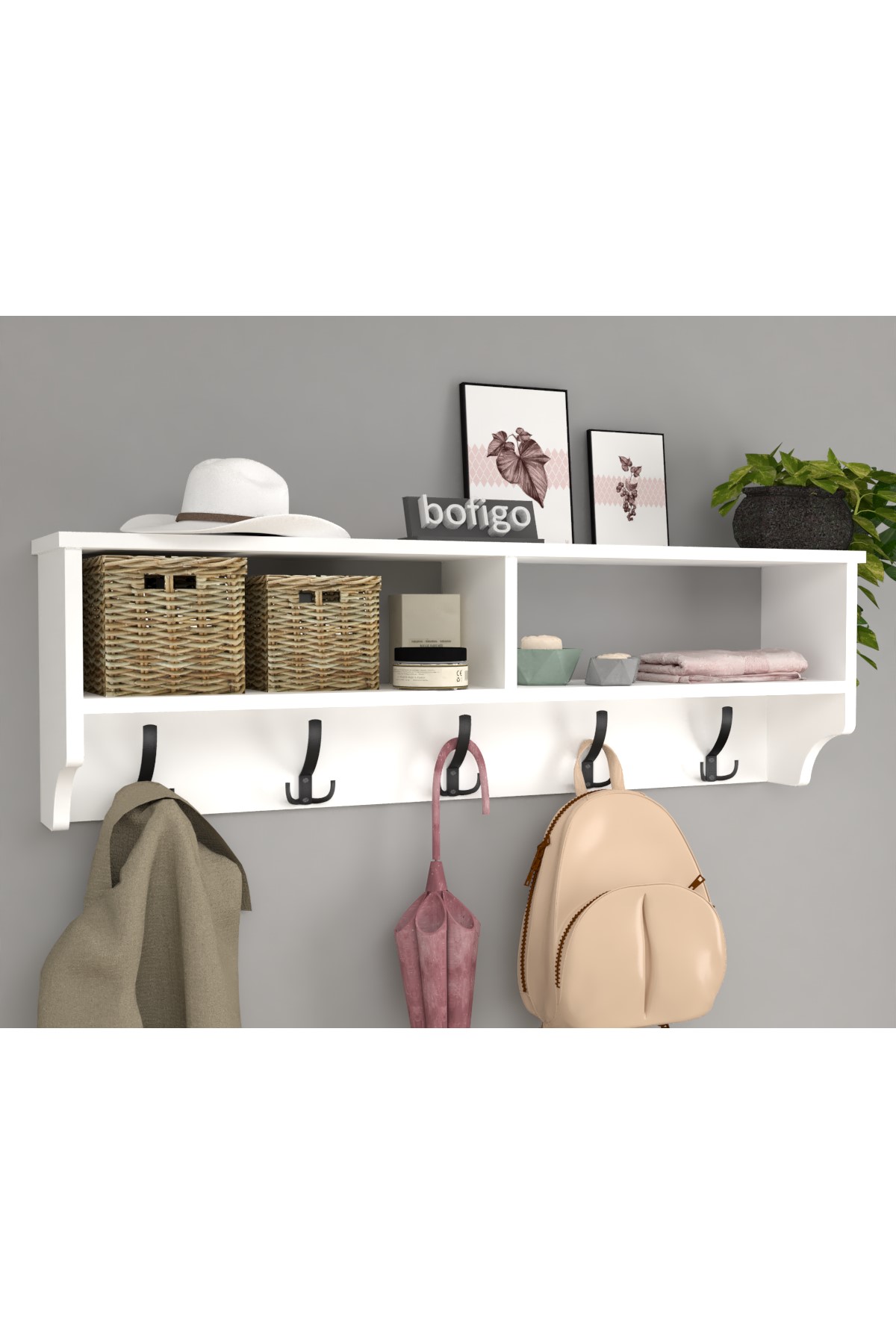 Bofigo Portmanto Duvar Askılığı Elbise Askılığı Raflı Duvar Askılığı 120 Cm Nova Beyaz