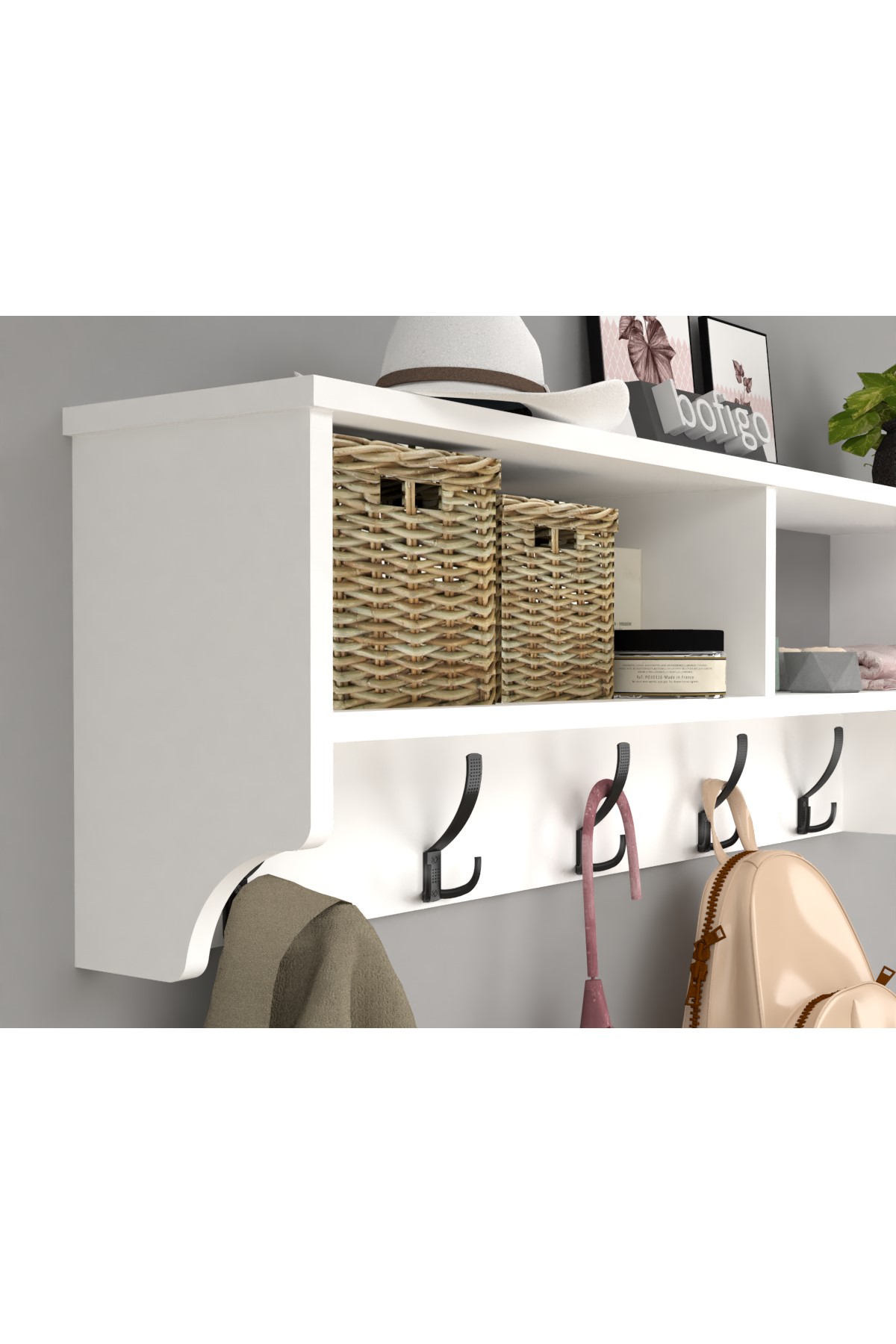 Bofigo Portmanto Duvar Askılığı Elbise Askılığı Raflı Duvar Askılığı 120 Cm Nova Beyaz