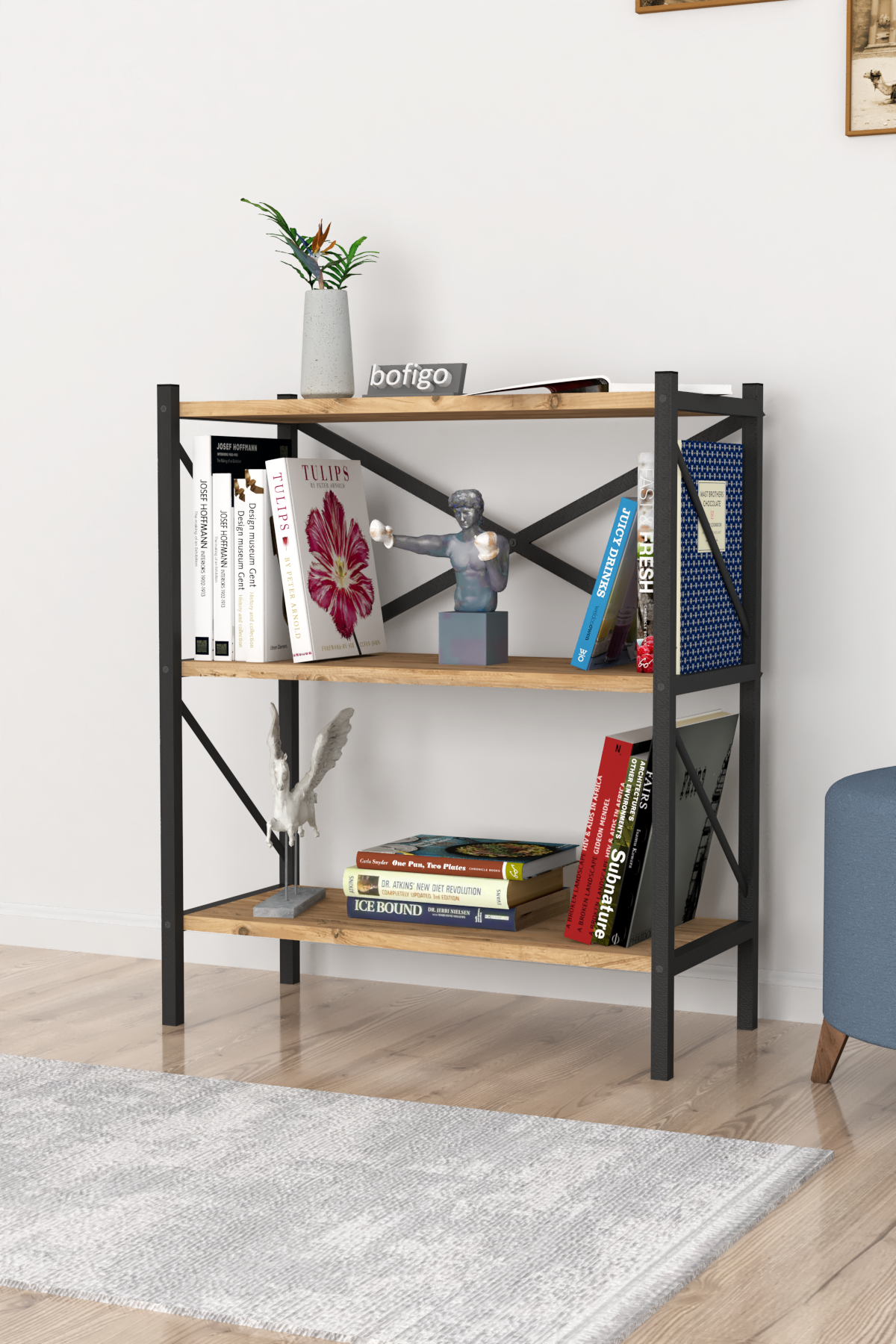 Bofigo Decorative 3 Shelf Bookcase Metal Bookcase Pine
