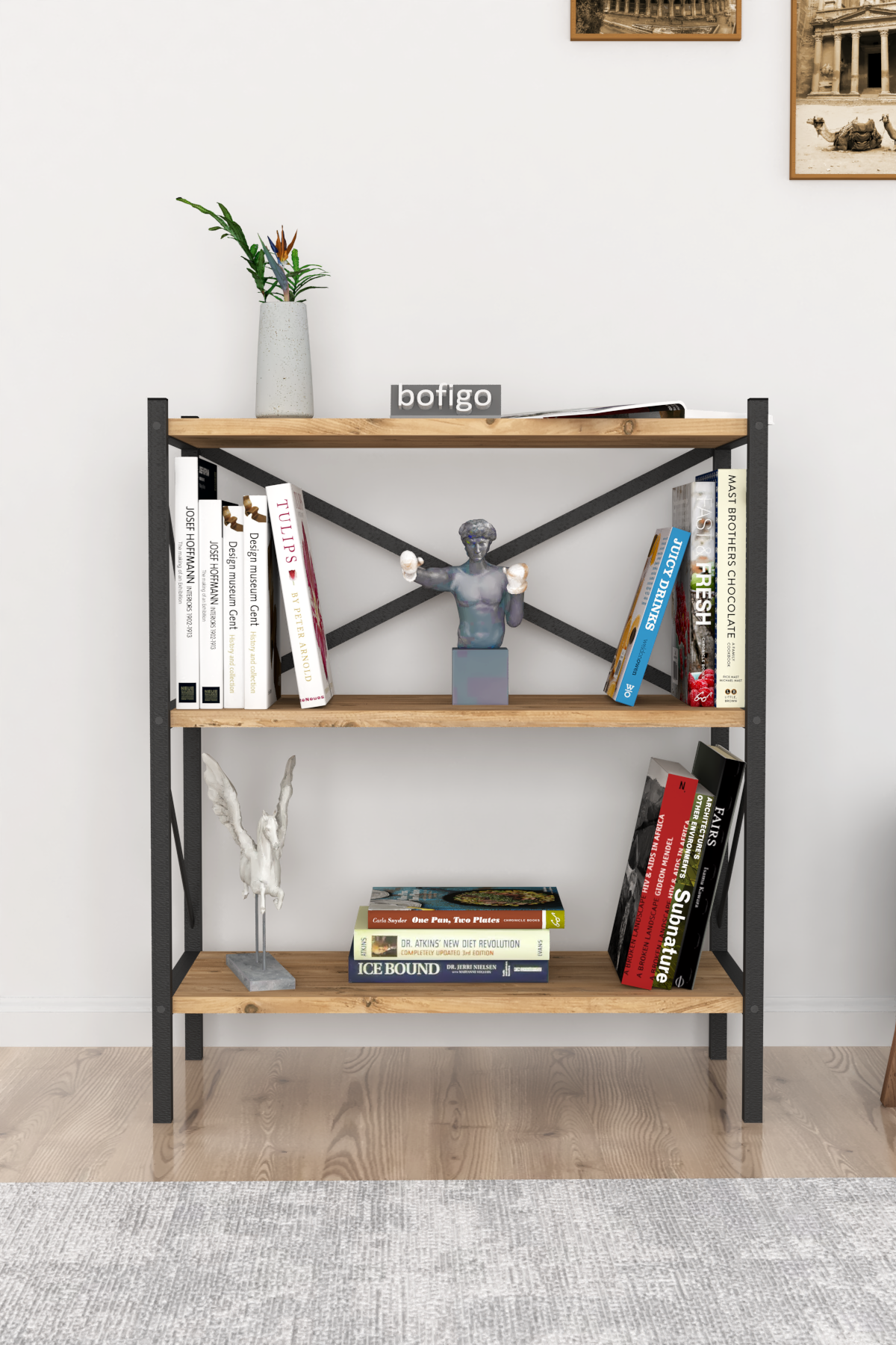 Bofigo Decorative 3 Shelf Bookcase Metal Bookcase Pine