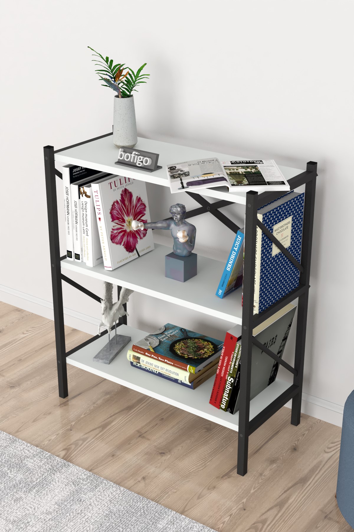 Bofigo Dekoratif 3 Raflı Kitaplık Metal Kitaplık Perge Beyaz