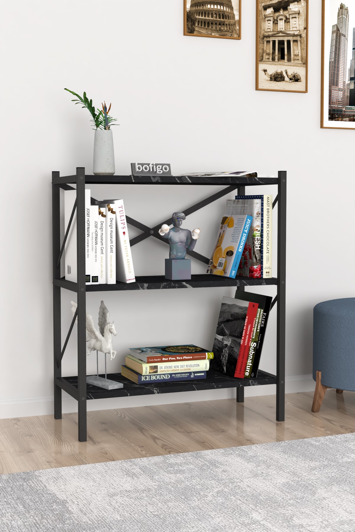 Bofigo Dekoratif 3 Raflı Kitaplık Metal Kitaplık Perge Bendir