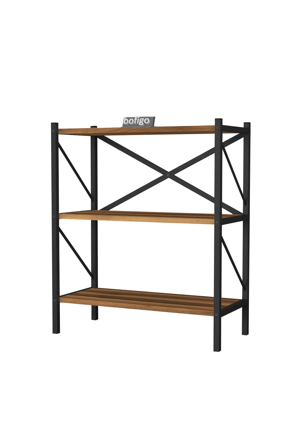 Bofigo Dekoratif 3 Raflı Kitaplık Metal Kitaplık Perge Ceviz