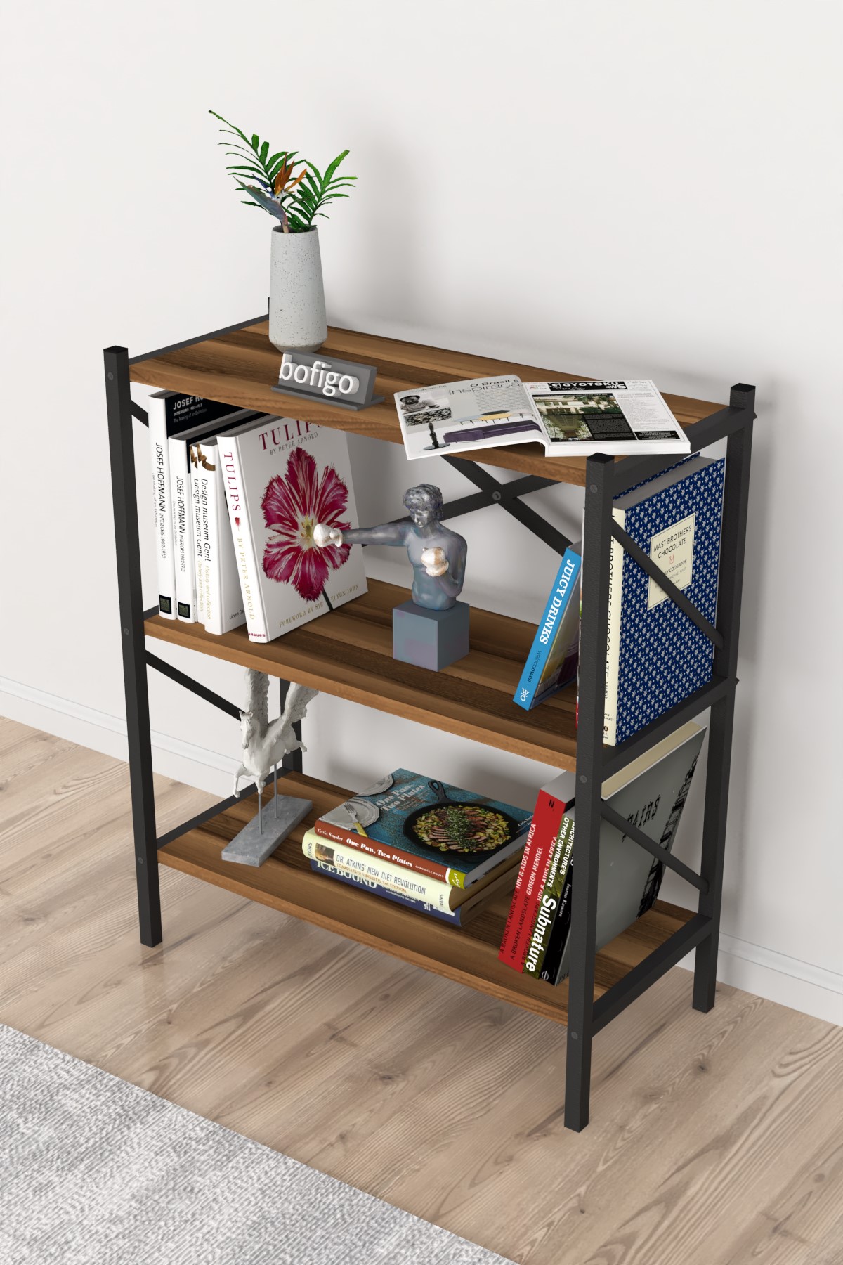 Bofigo Dekoratif 3 Raflı Kitaplık Metal Kitaplık Perge Ceviz