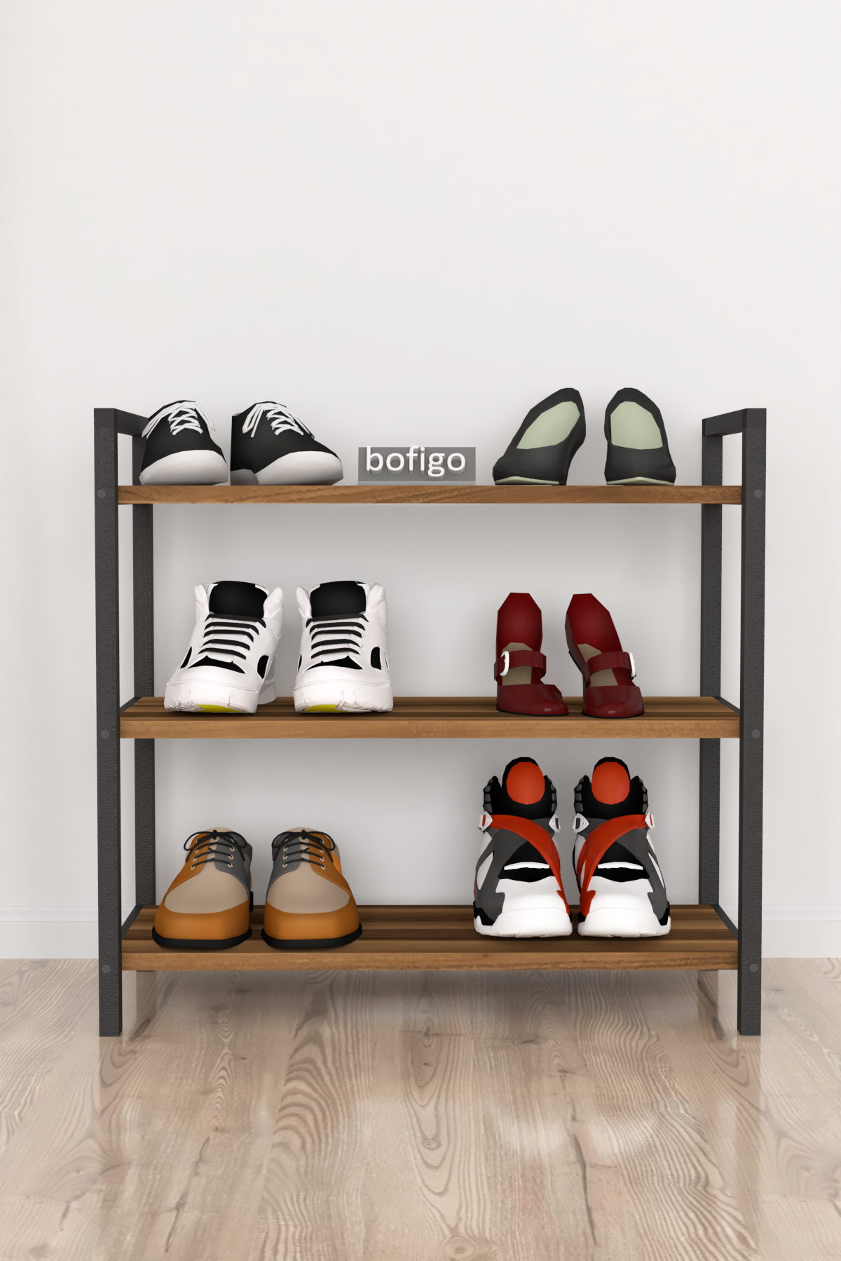 Bofigo Dekoratif 3 Raflı Ayakkabılık Metal Ayakkabılık Ceviz
