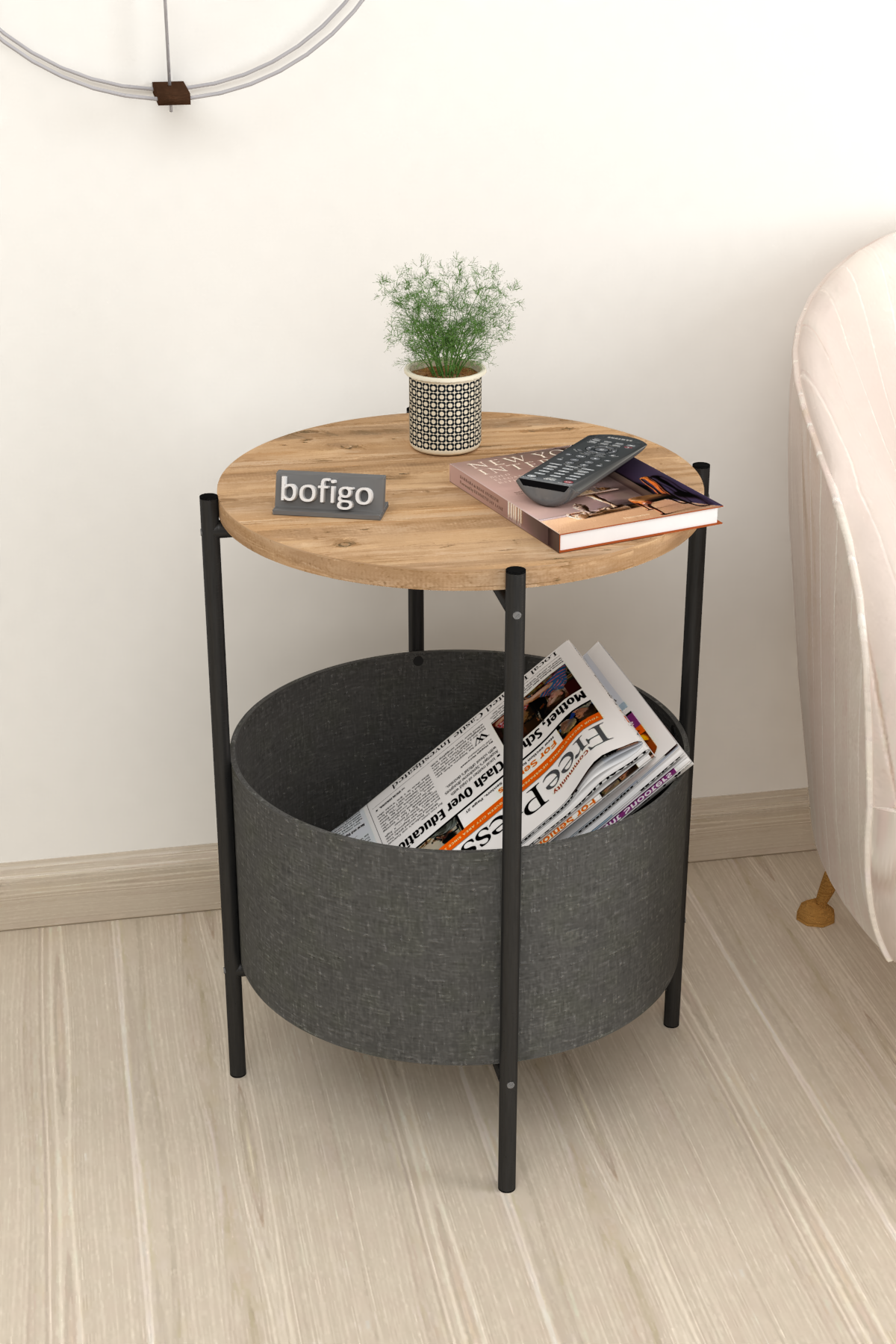 Bofigo Coffee Table with Bag Newspaper Holder Bookshelf  Flowerpot Pine
