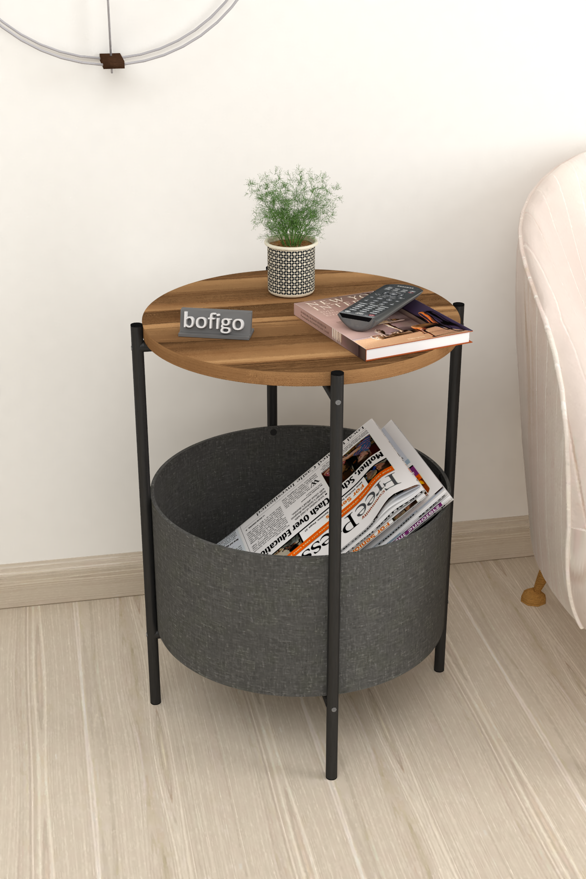 Bofigo Coffee Table with Bag Newspaper Holder Bookshelf  Flowerpot Walnut