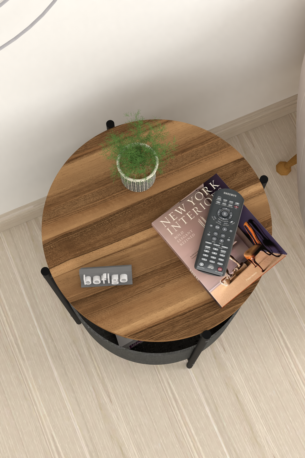 Bofigo Coffee Table with Bag Newspaper Holder Bookshelf  Flowerpot Walnut