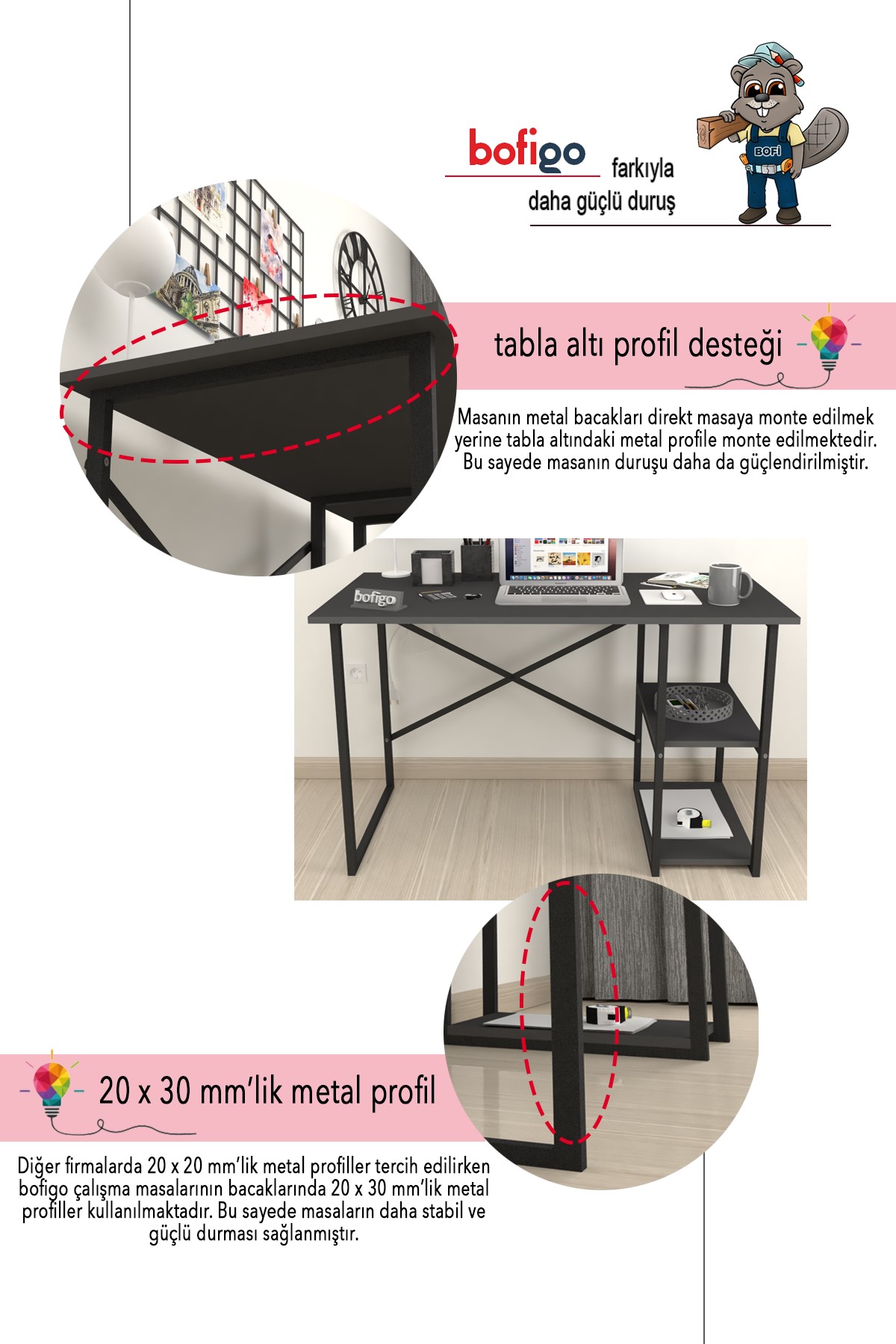  Bofigo 60x120 cm 2 Raflı Çalışma Masası Bilgisayar Masası Ofis Ders Yemek Masası Kafka Antrasit