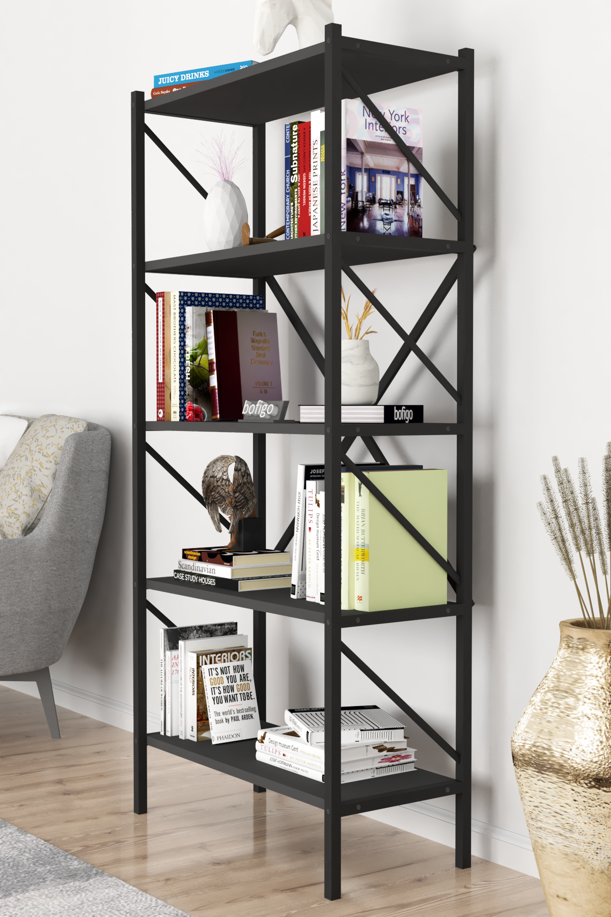 Bofigo Decorative 5 Shelf Bookcase Metal Bookcase Anthracite