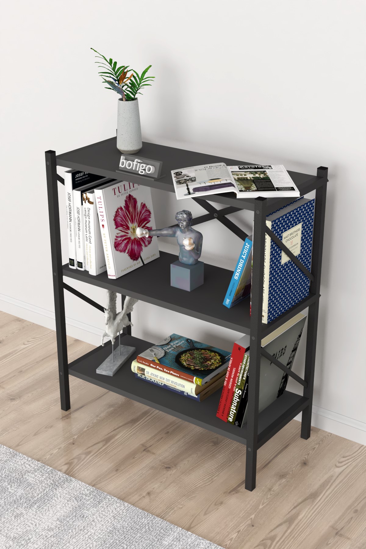 Bofigo Dekoratif 3 Raflı Kitaplık Metal Kitaplık Perge Antrasit