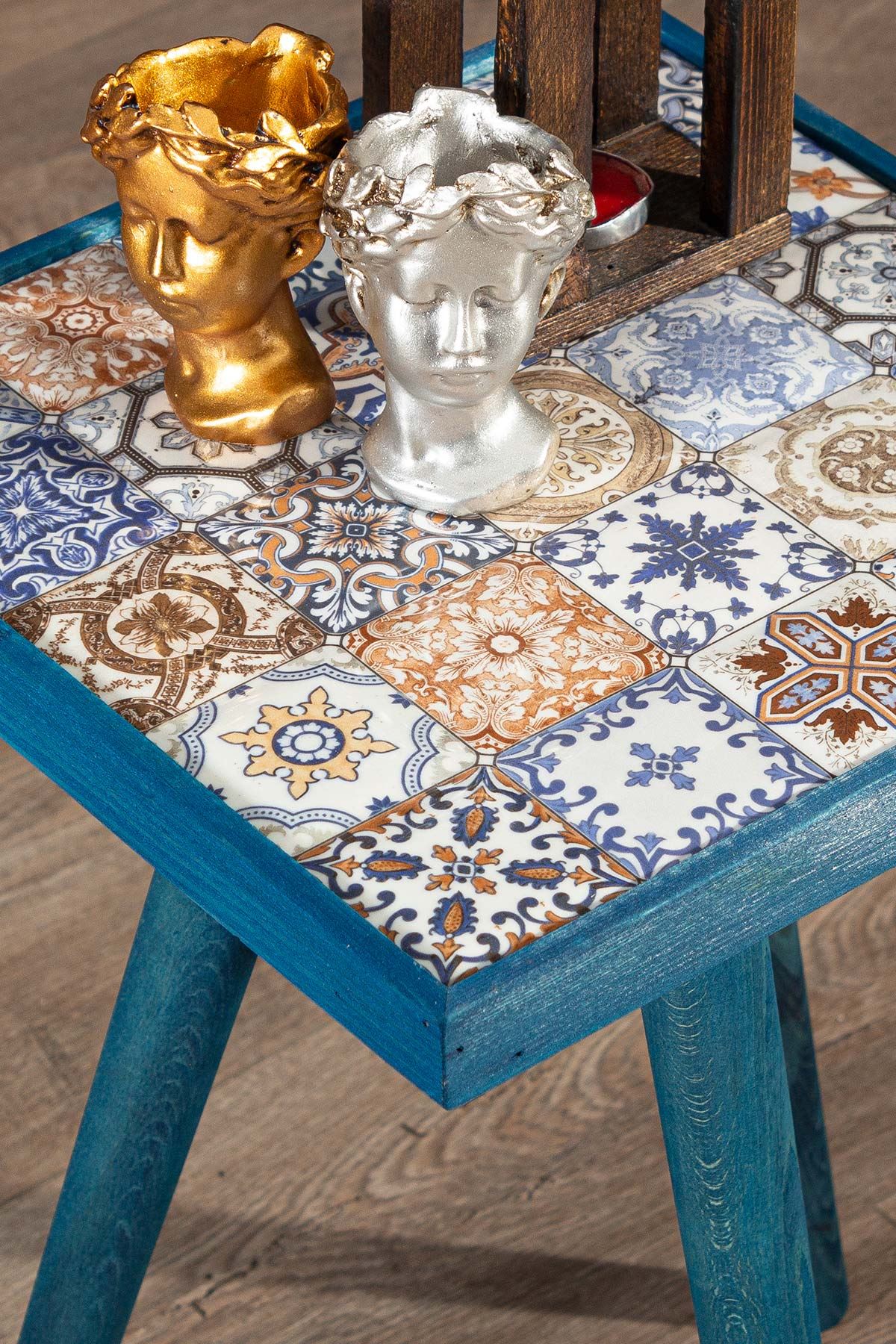 Bofigo Wooden Tile Center Table Wooden Solid Wood Table 32x32 Cm Blue