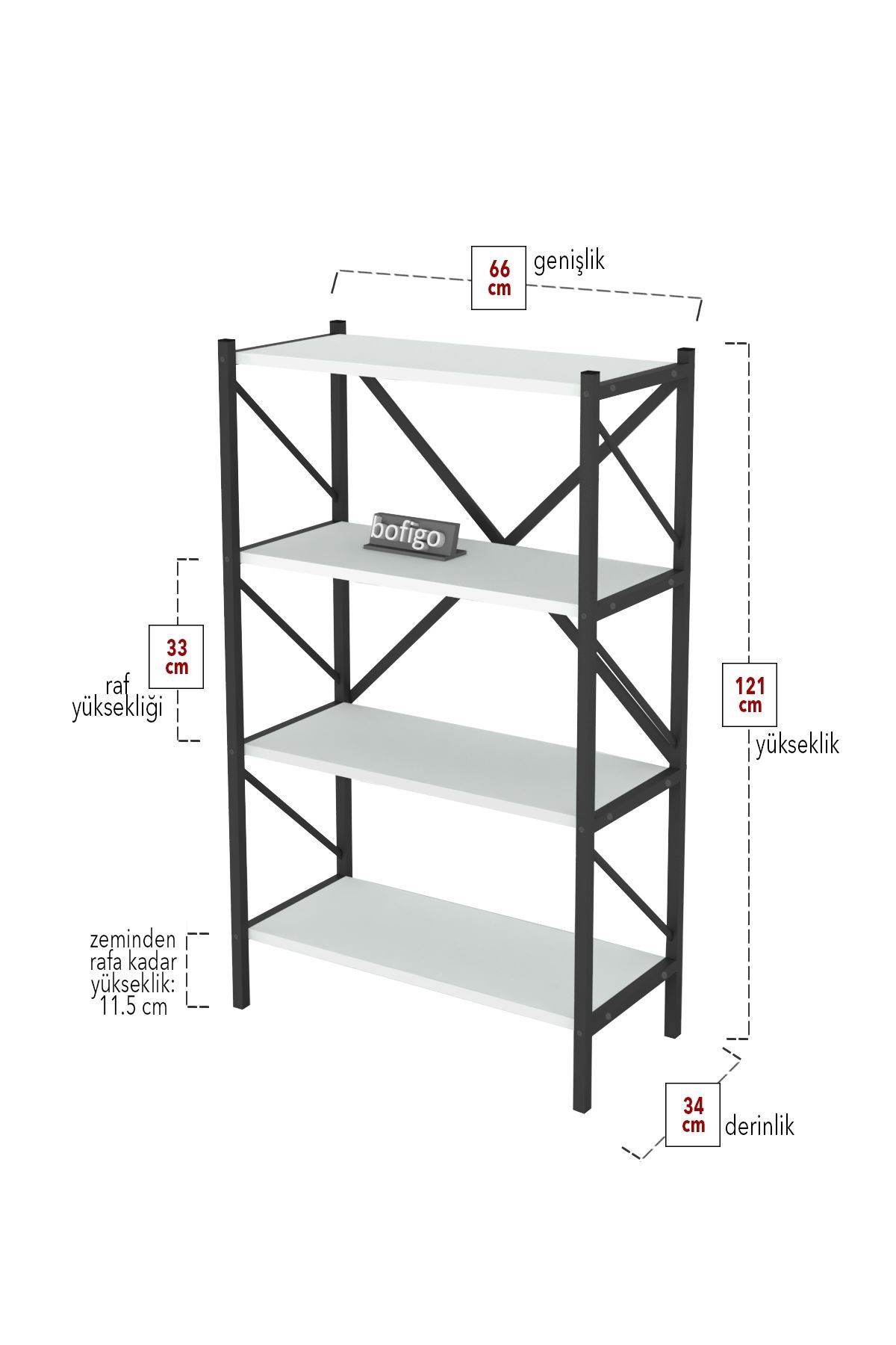 Bofigo Dekoratif 4 Raflı Kitaplık Metal Kitaplık Side Beyaz
