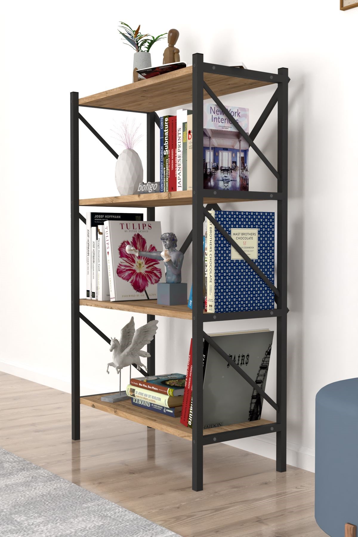 15-09-02 4 Shelves Metal Bookshelf PINE