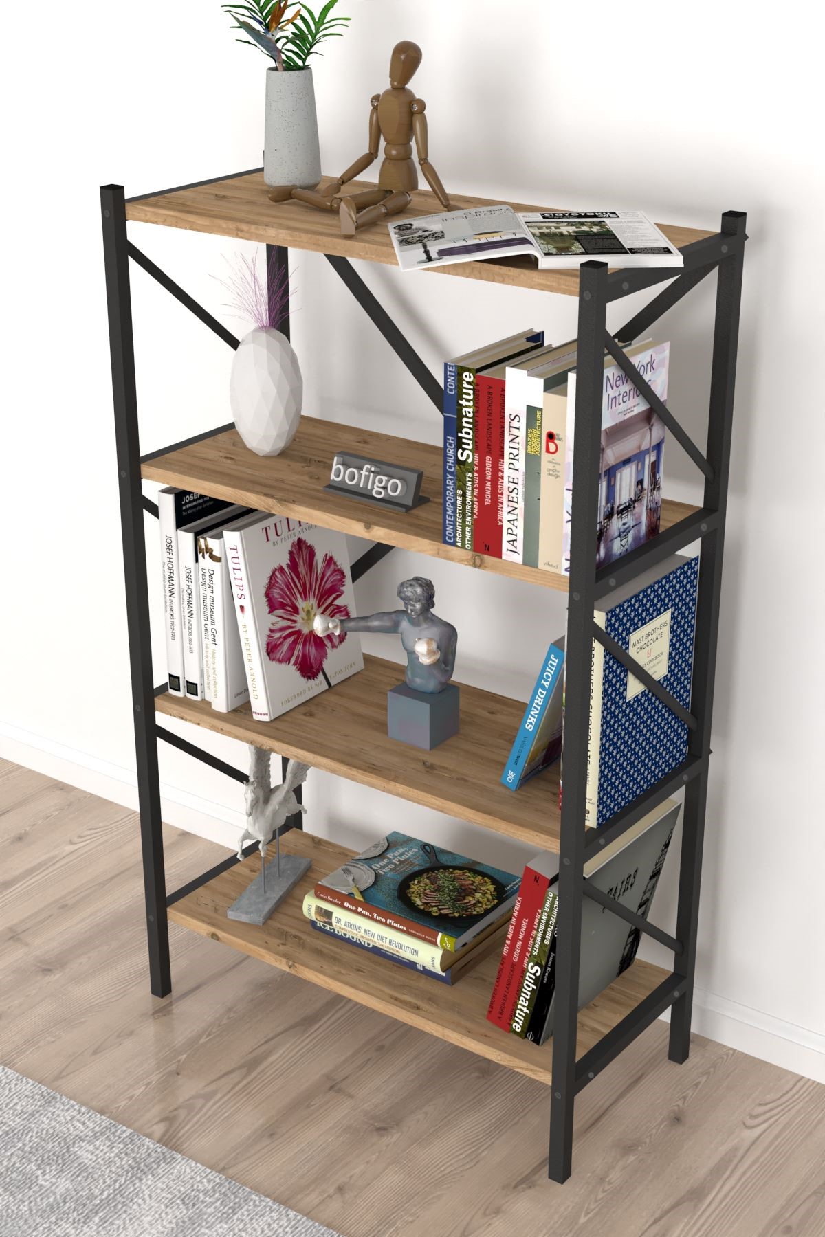 15-09-02 4 Shelves Metal Bookshelf PINE