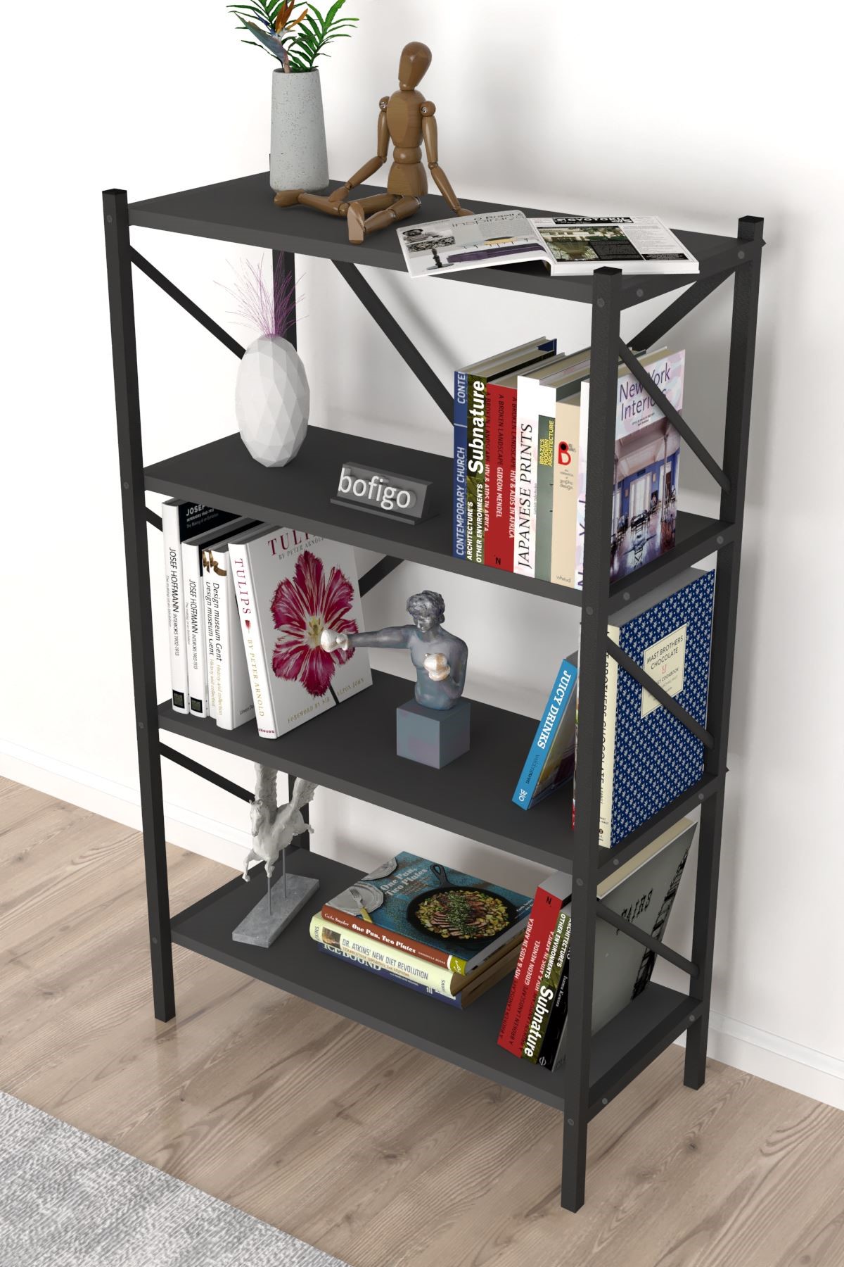 Bofigo Dekoratif 4 Raflı Kitaplık Metal Kitaplık Side Antrasit