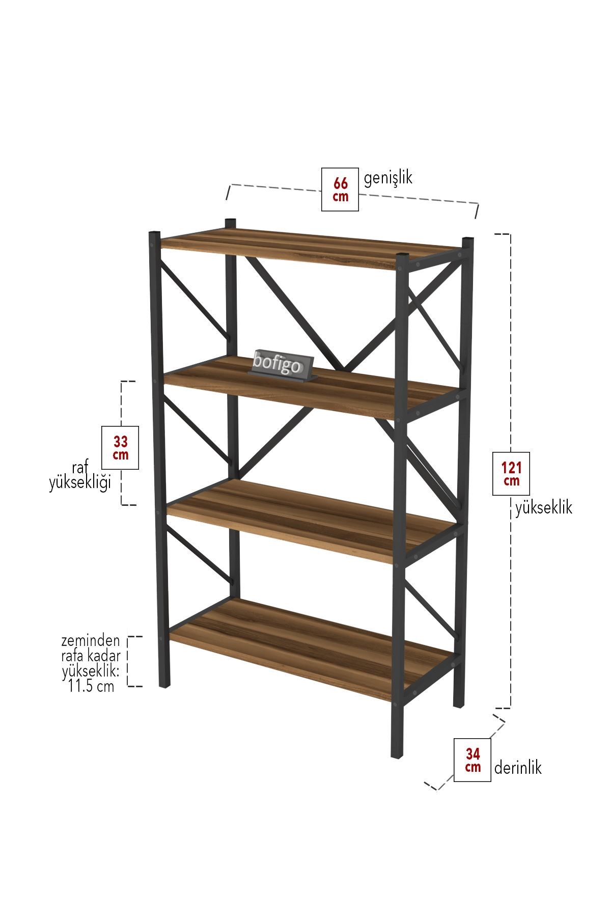 Bofigo Dekoratif 4 Raflı Kitaplık Metal Kitaplık Side Ceviz