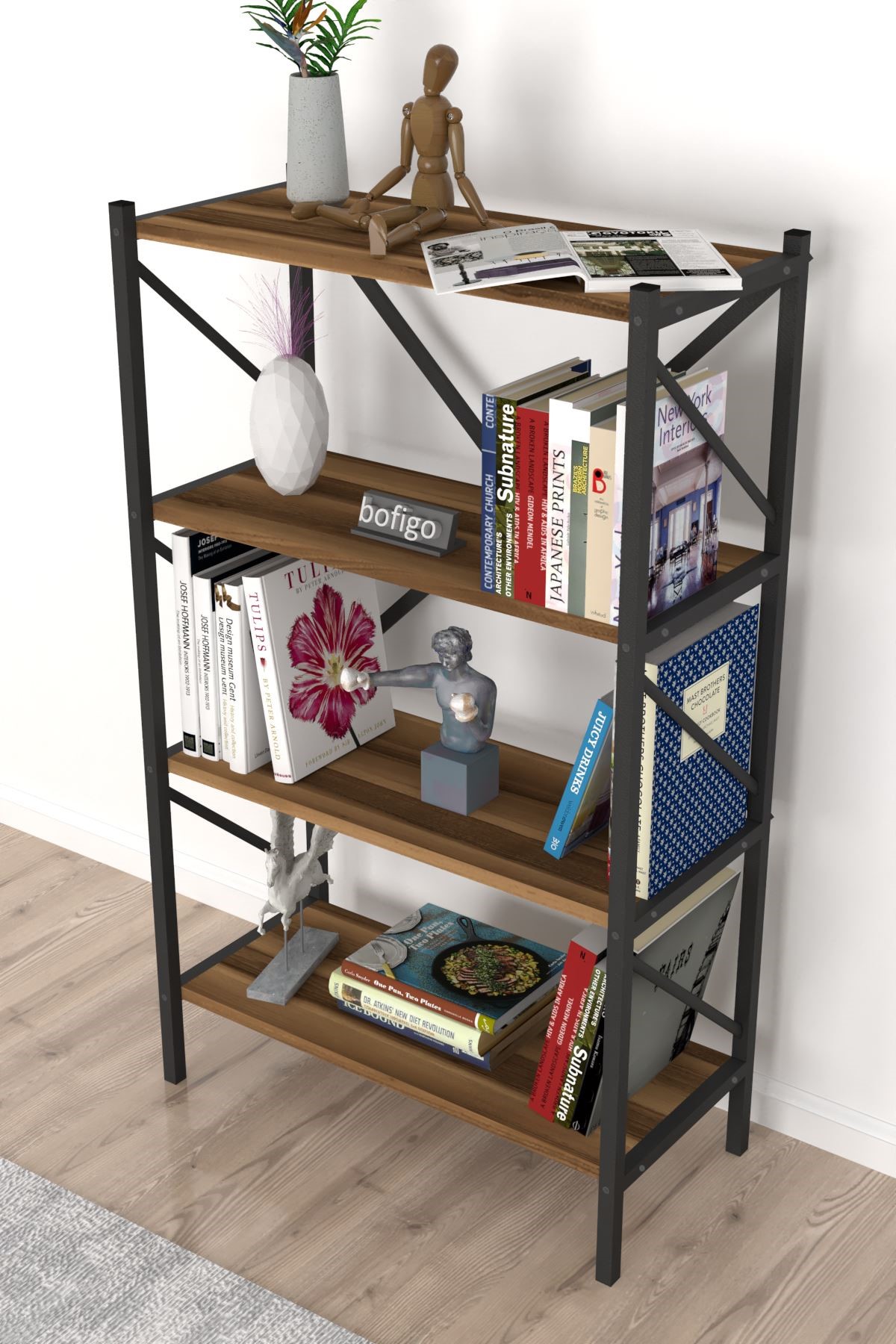 Bofigo Dekoratif 4 Raflı Kitaplık Metal Kitaplık Side Ceviz