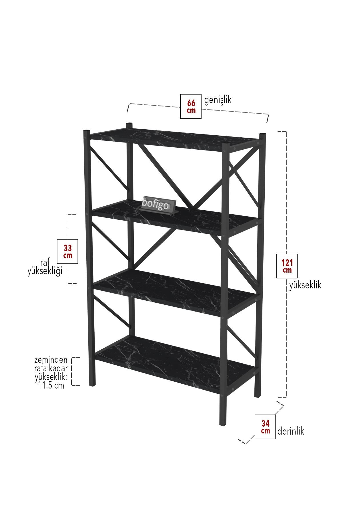 Bofigo Dekoratif 4 Raflı Kitaplık Metal Kitaplık Side Bendir