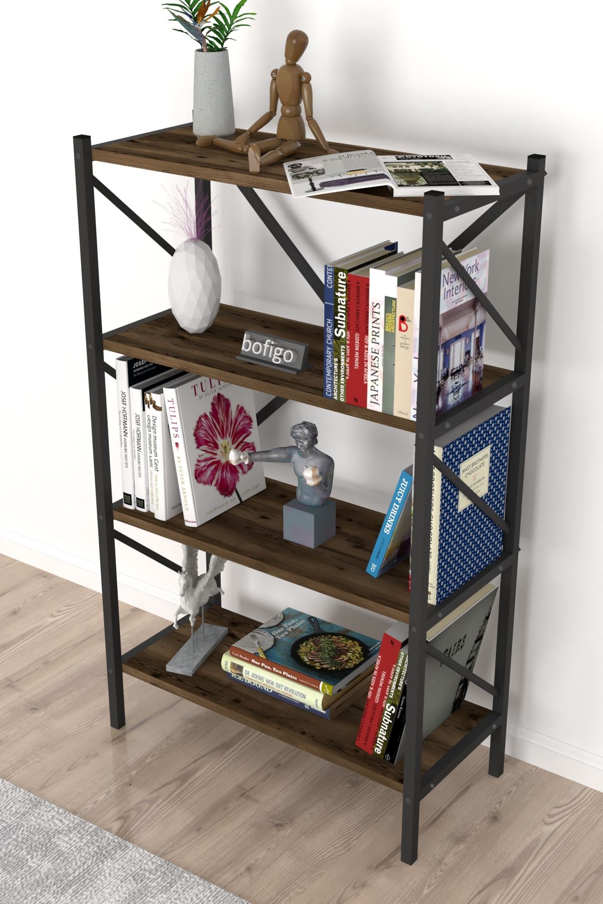 Bofigo Dekoratif 4 Raflı Kitaplık Metal Kitaplık Side Lidya