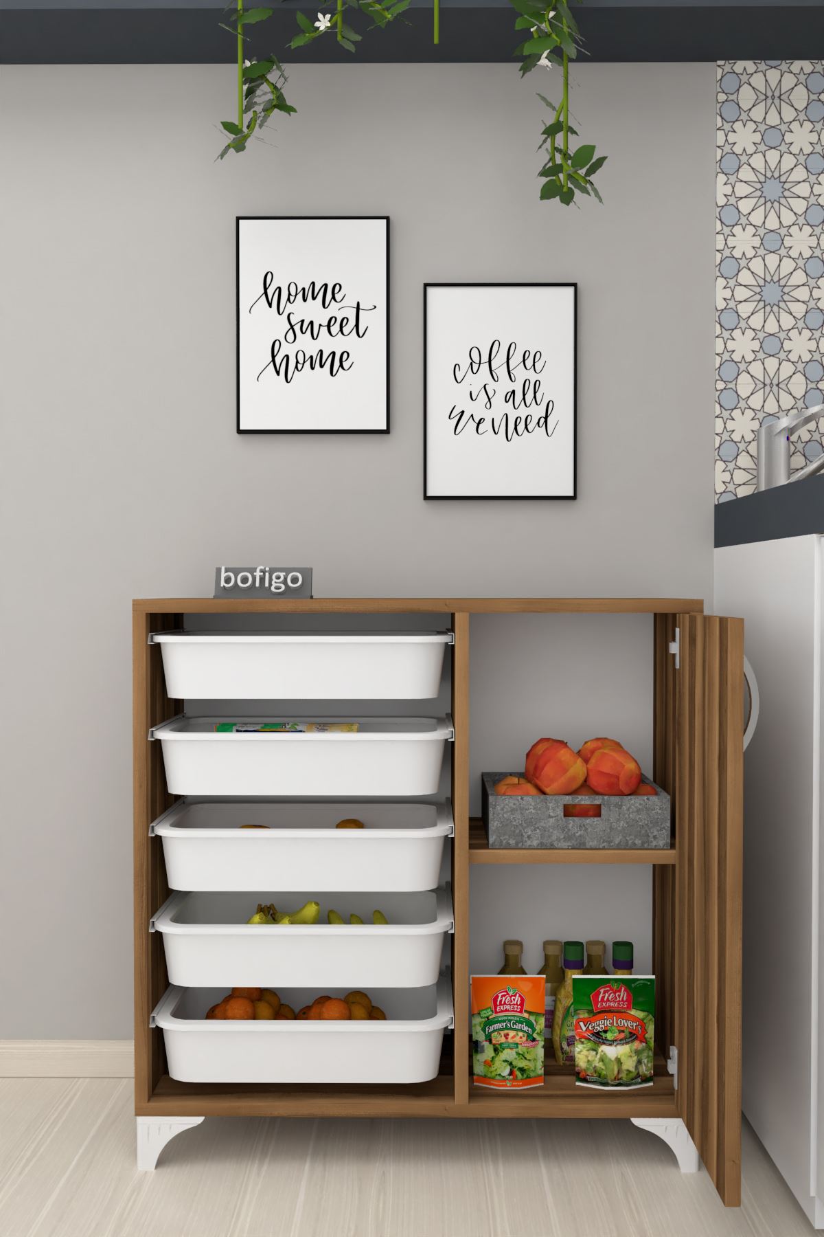 Bofigo 5 Basket Kitchen Cabinet Multi-Purpose Cabinet Crisper Pine