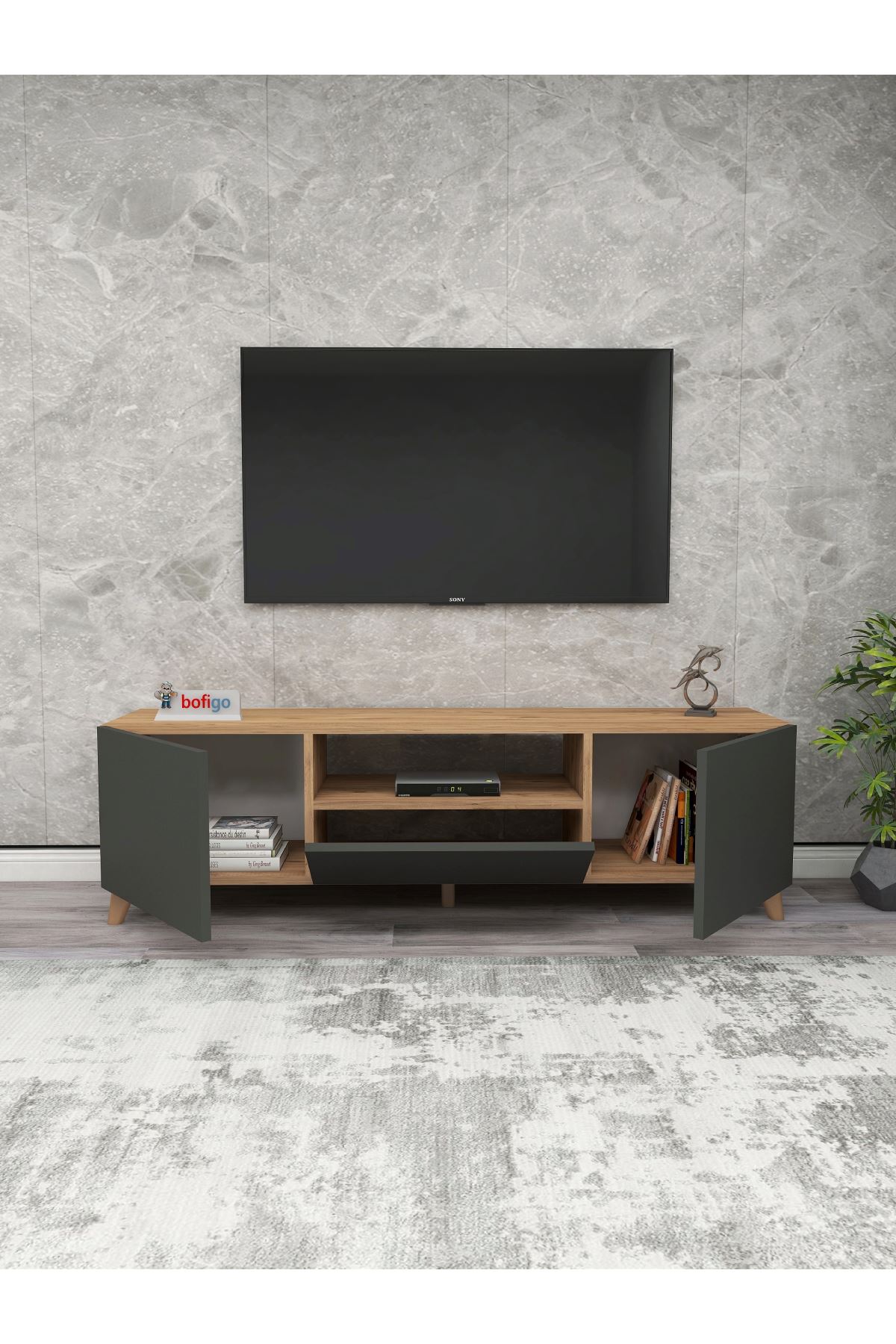 Bofigo TV Stand Shelf TV Unit Television Table Pine-Antracite